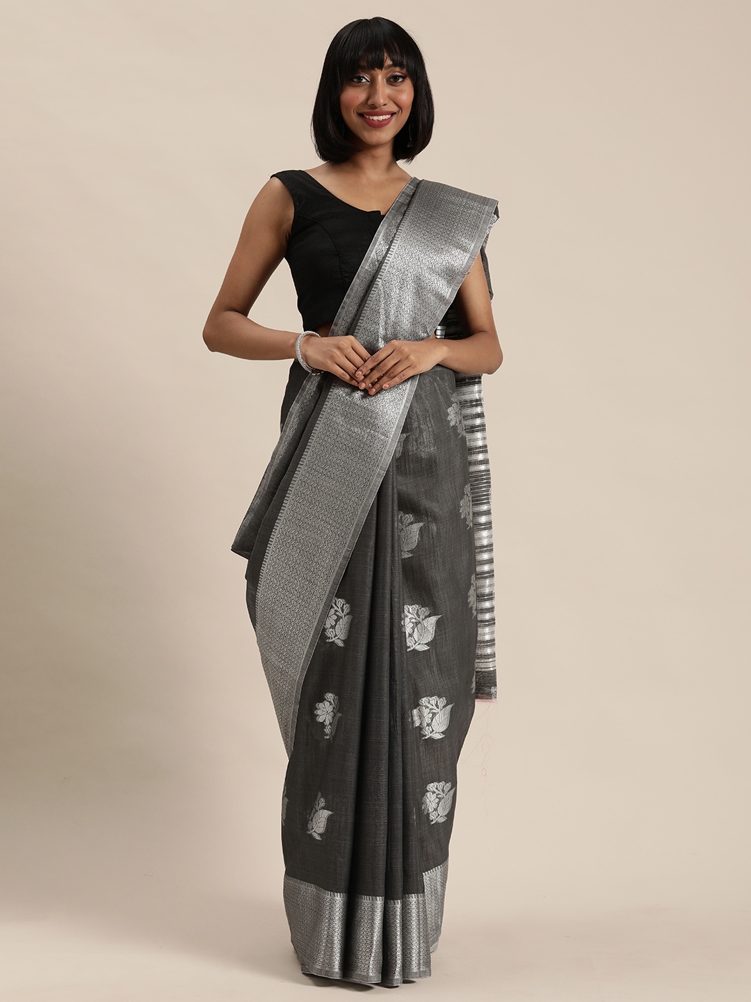 

Mitera Charcoal Grey & Silver Ethnic Woven Design Saree