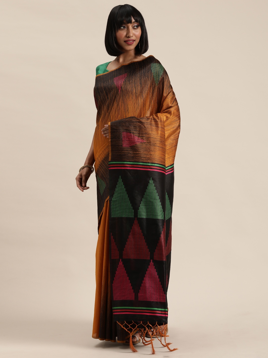 

Mitera Mustard Yellow & Maroon Printed Saree
