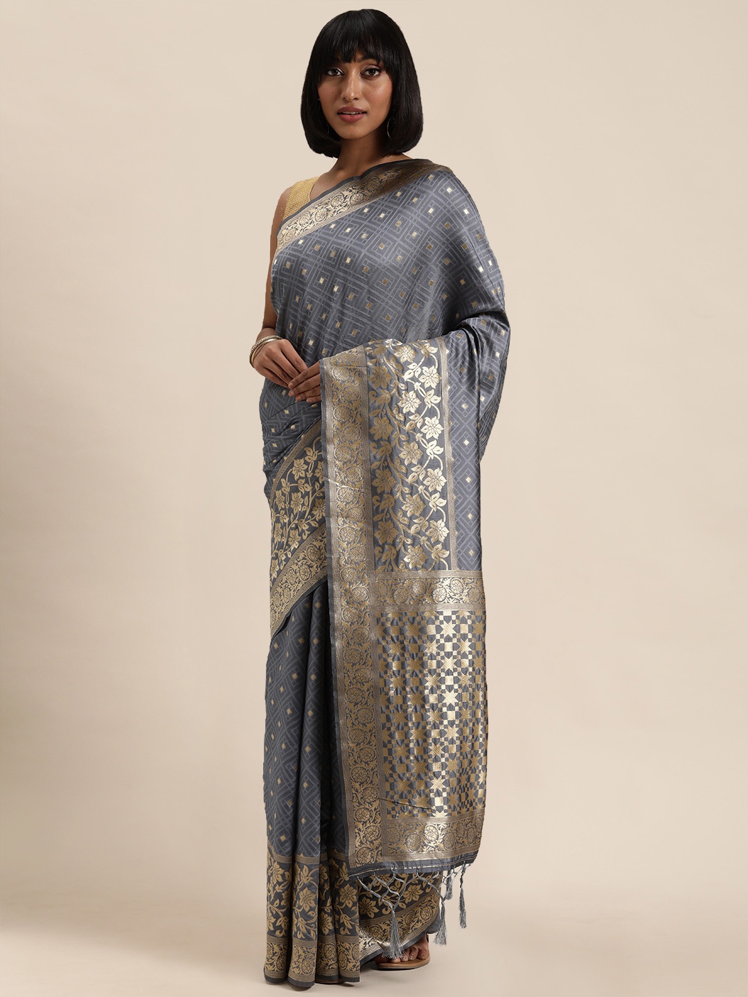 

Mitera Grey & Silver-Toned Silk Blend Woven Design Saree