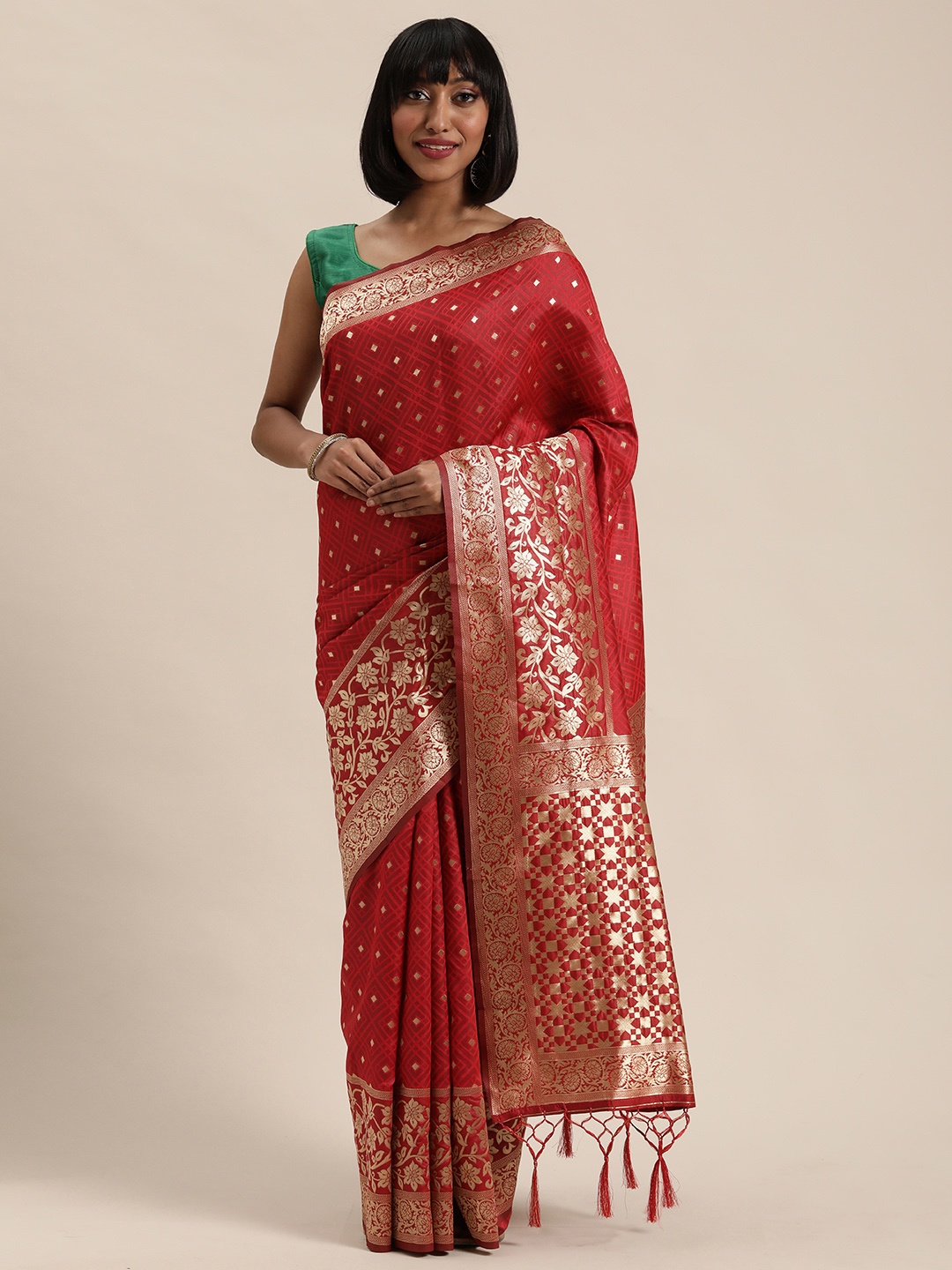 

Mitera Red & Gold-Toned Woven Design Saree