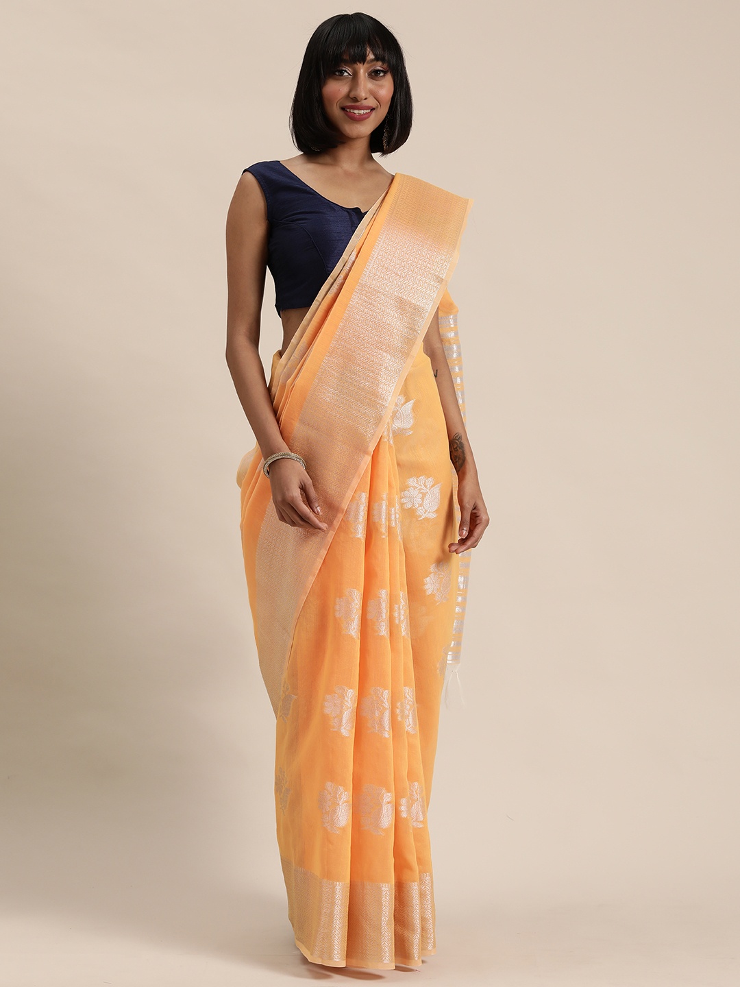 

Mitera Orange & Silver Ethnic Woven Design Saree