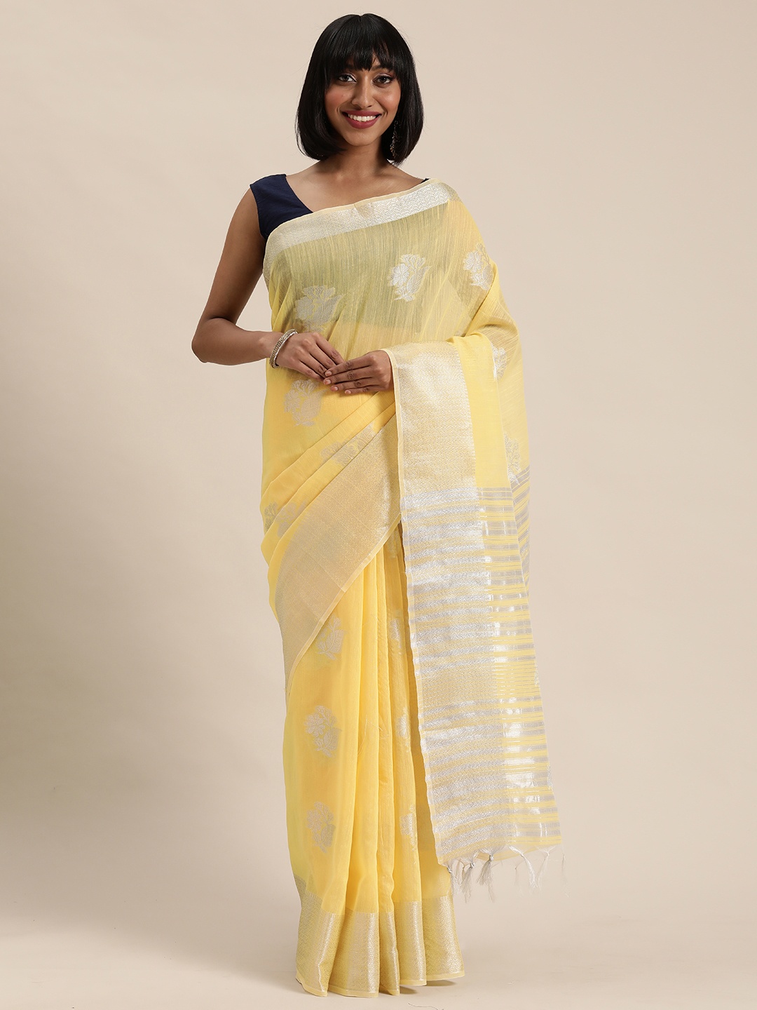 

Mitera Yellow & Silver Ethnic Woven Design Saree