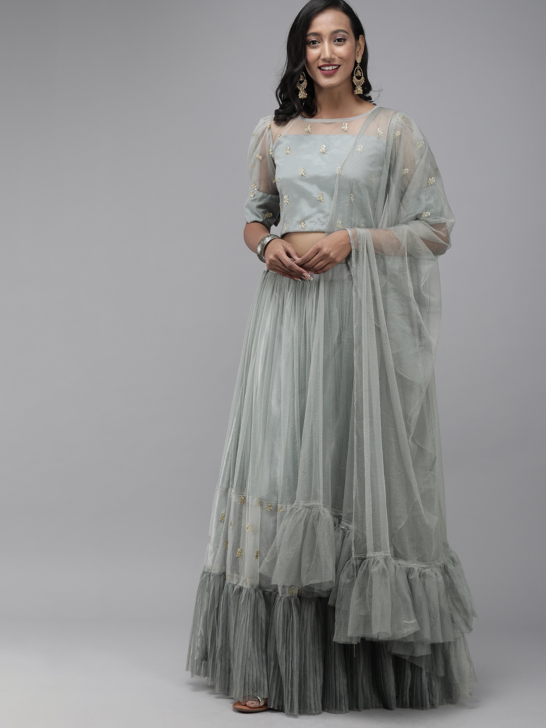 

DIVASTRI Grey Embellished Semi-Stitched Lehenga & Blouse with Dupatta