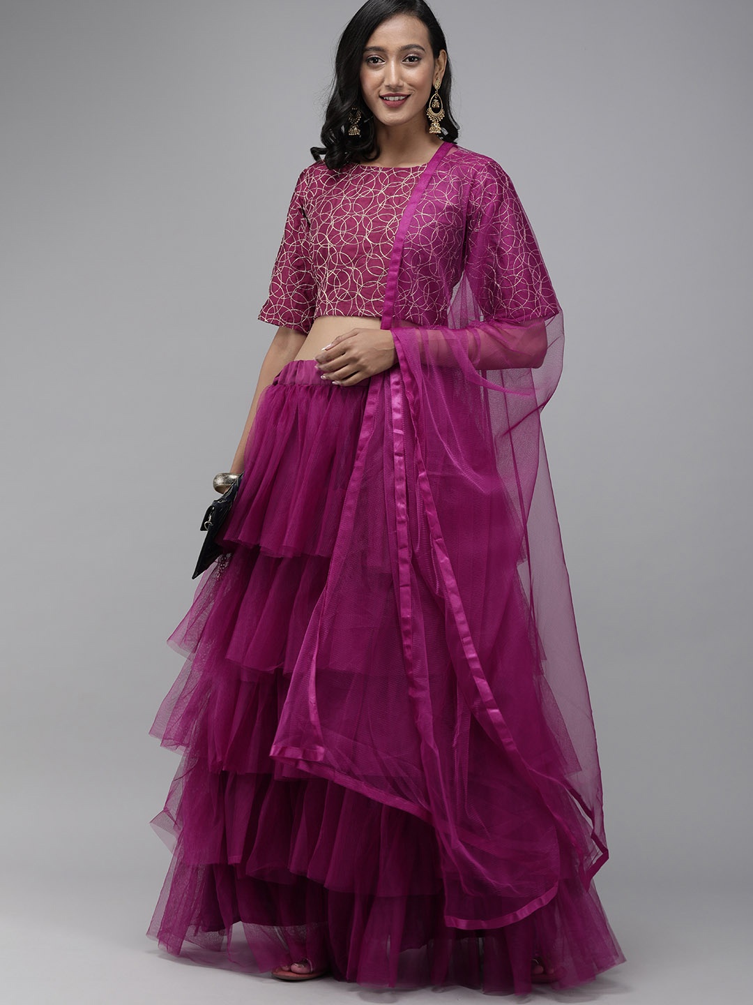 

DIVASTRI Purple Embroidered Tiered Semi-Stitched Lehenga & Blouse with Dupatta