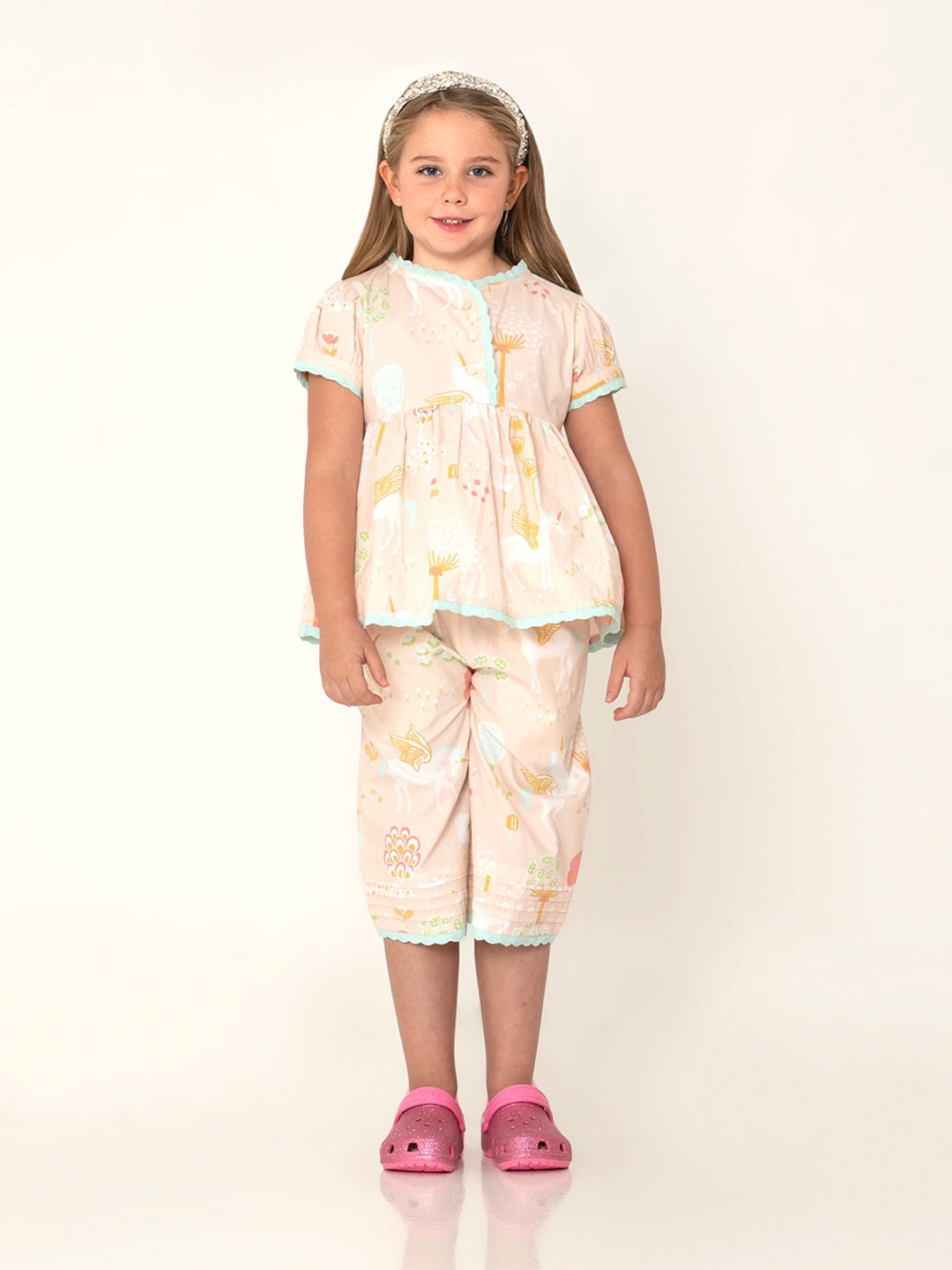 

Cherry Crumble Girls Peach-Coloured & Green Conversational Print Cotton Night suit