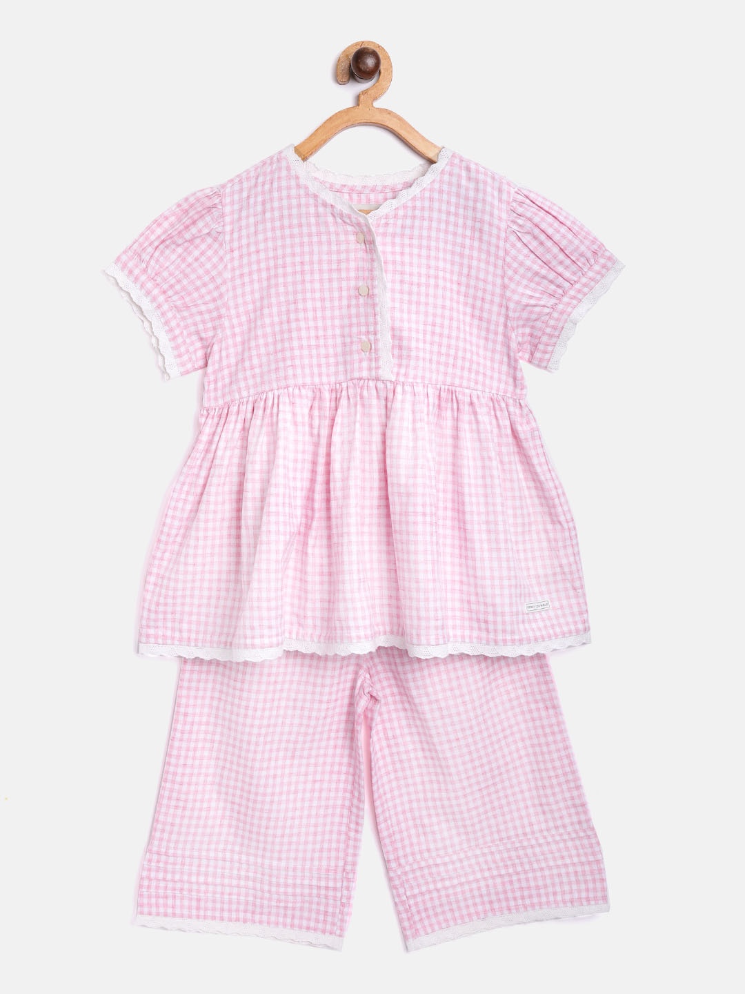 

Cherry Crumble Girls Pink & White Checked Pure Cotton Night Suit