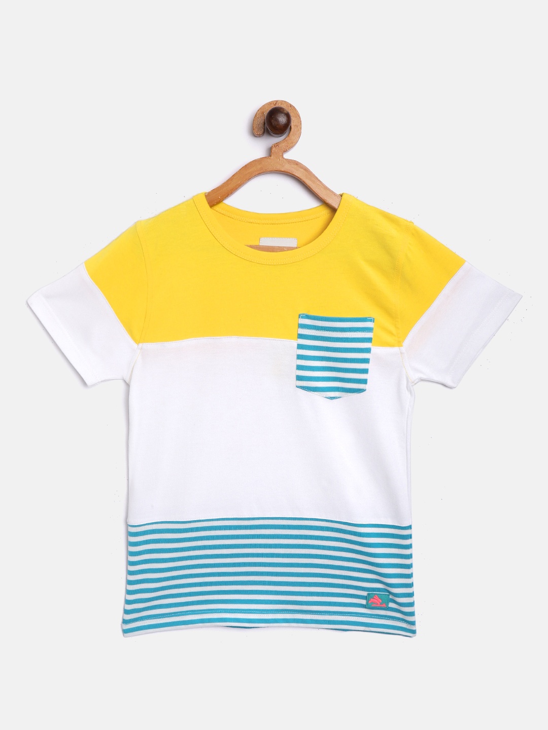 

Cherry Crumble Boys Yellow & White Colourblocked Cotton T-shirt with Striped Detail