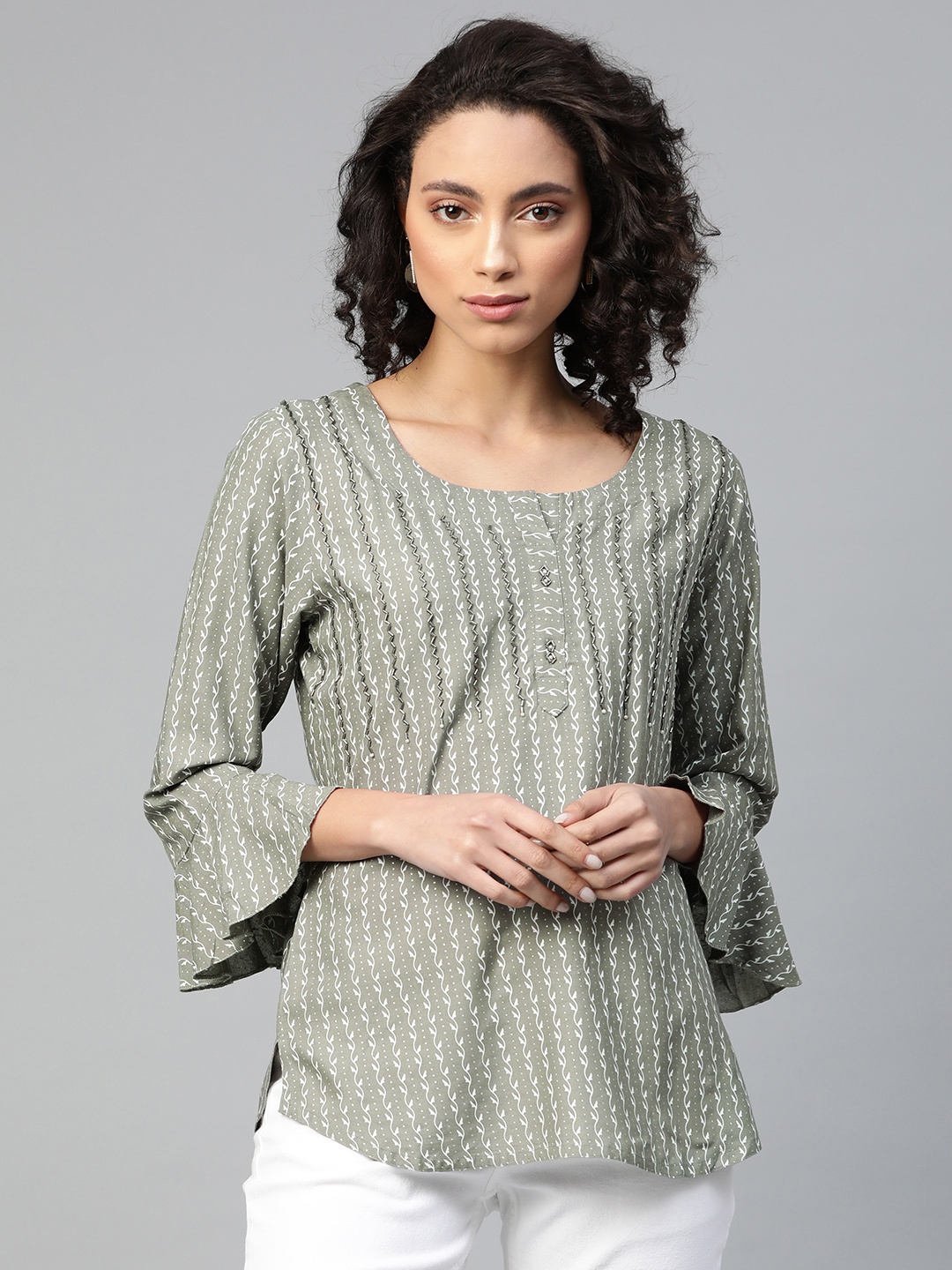 

HIGHLIGHT FASHION EXPORT Sea Green & White Foil Printed Bell Sleeves Top