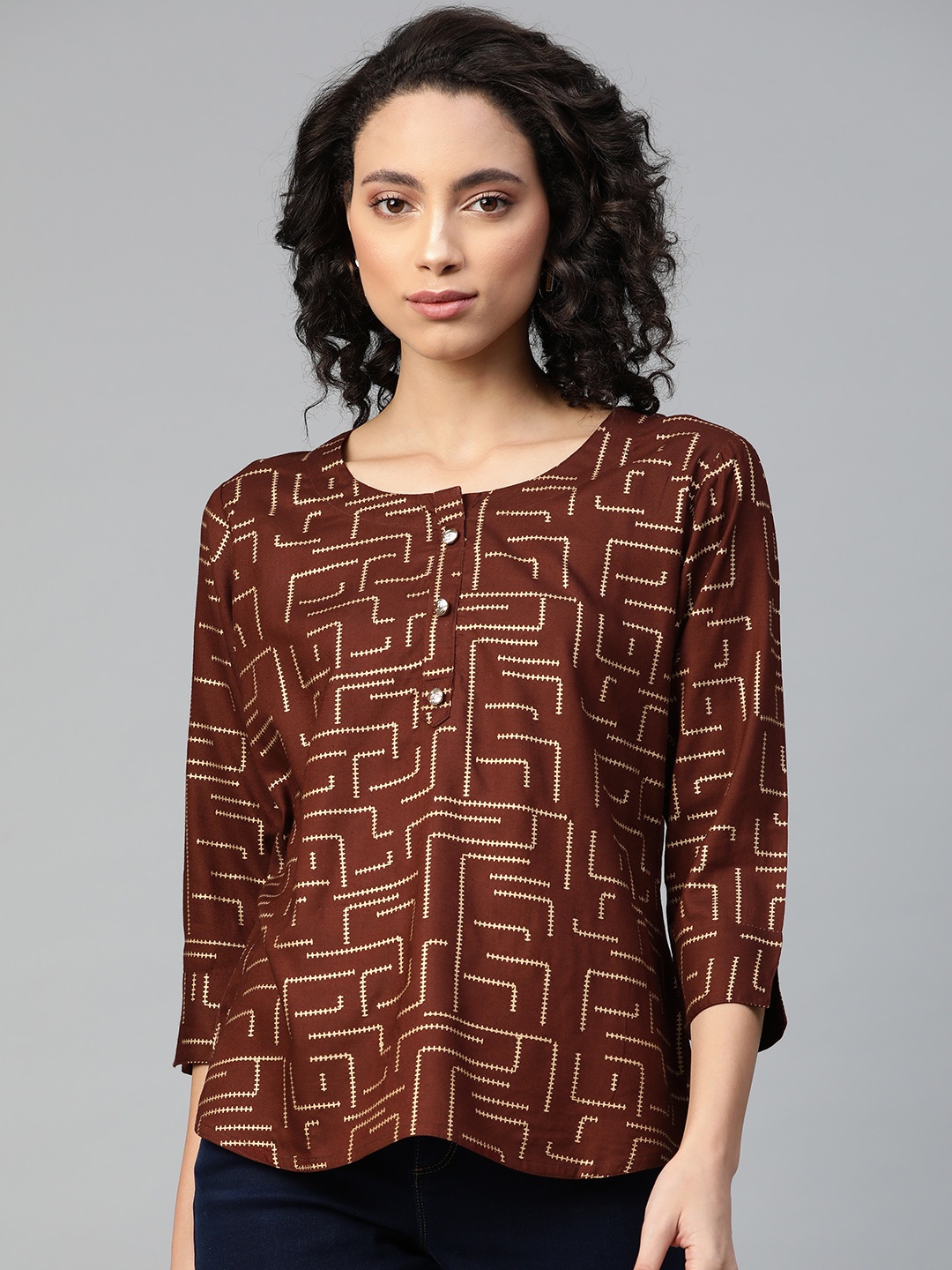 

HIGHLIGHT FASHION EXPORT Coffee Brown & Golden Foil Geometric Printed Top