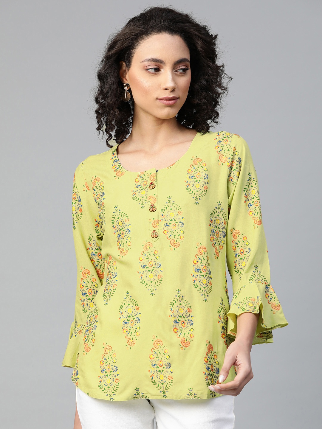 

HIGHLIGHT FASHION EXPORT Green Printed Bell Sleeves Top