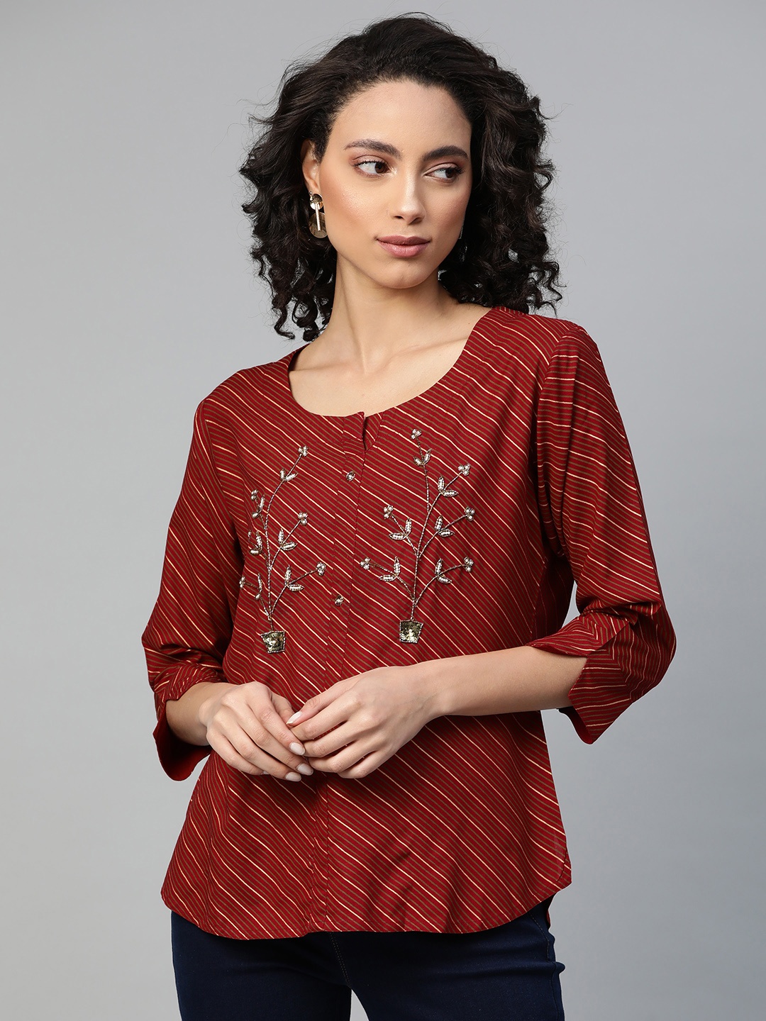 

HIGHLIGHT FASHION EXPORT Maroon & Golden Striped Top
