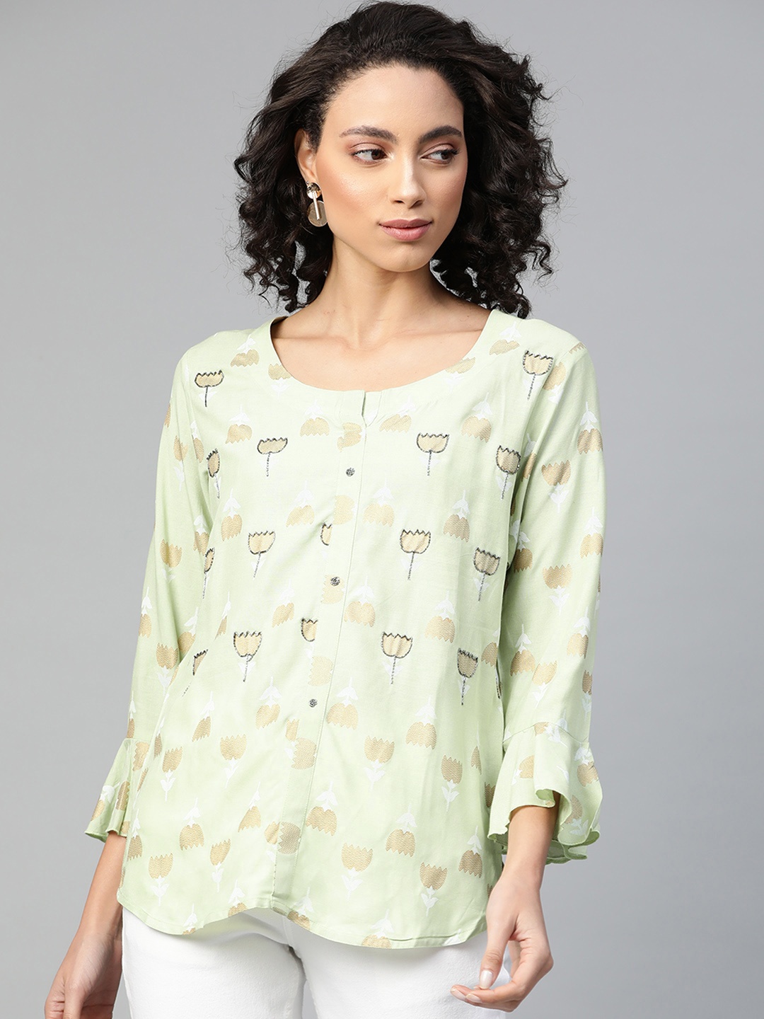 

HIGHLIGHT FASHION EXPORT Green & Golden Foil Printed Bell Sleeves Top