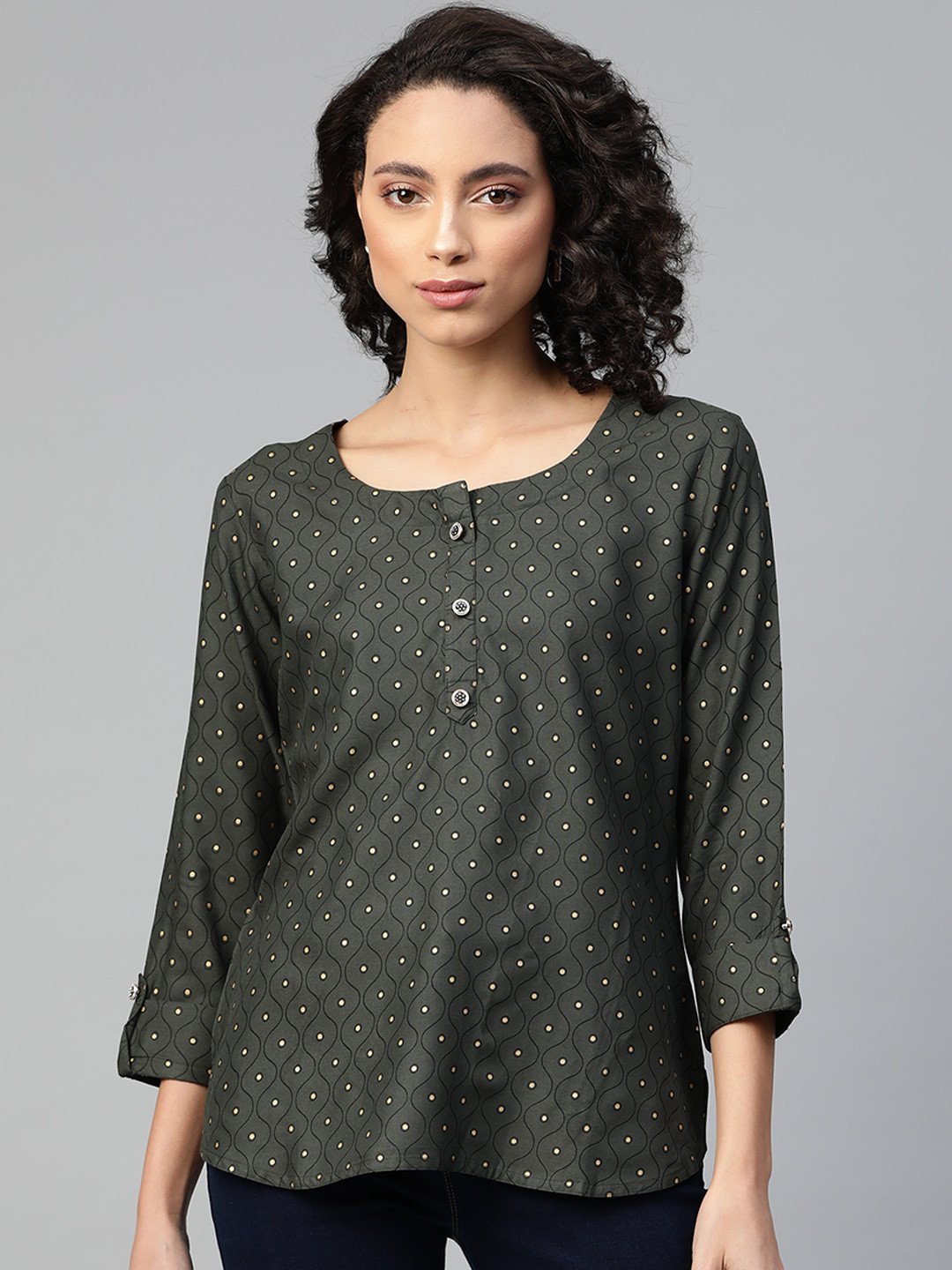 

HIGHLIGHT FASHION EXPORT Green & Golden Foil Printed Top