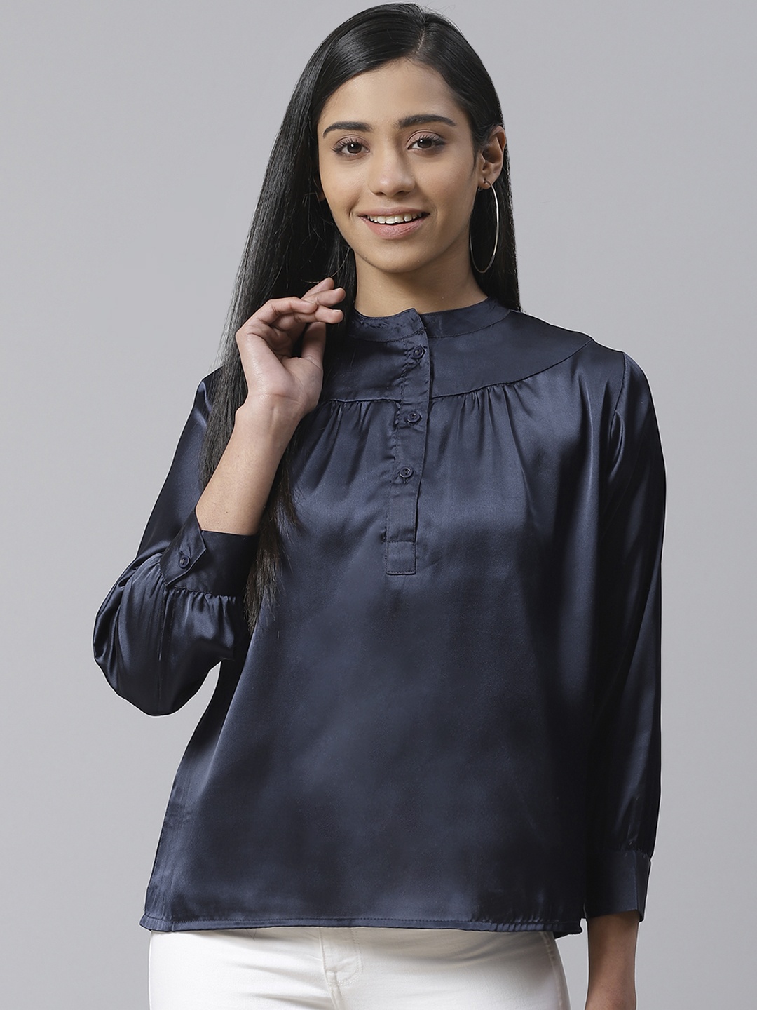 

Ives Women Navy Blue Solid Satin Finish Shirt Style Top