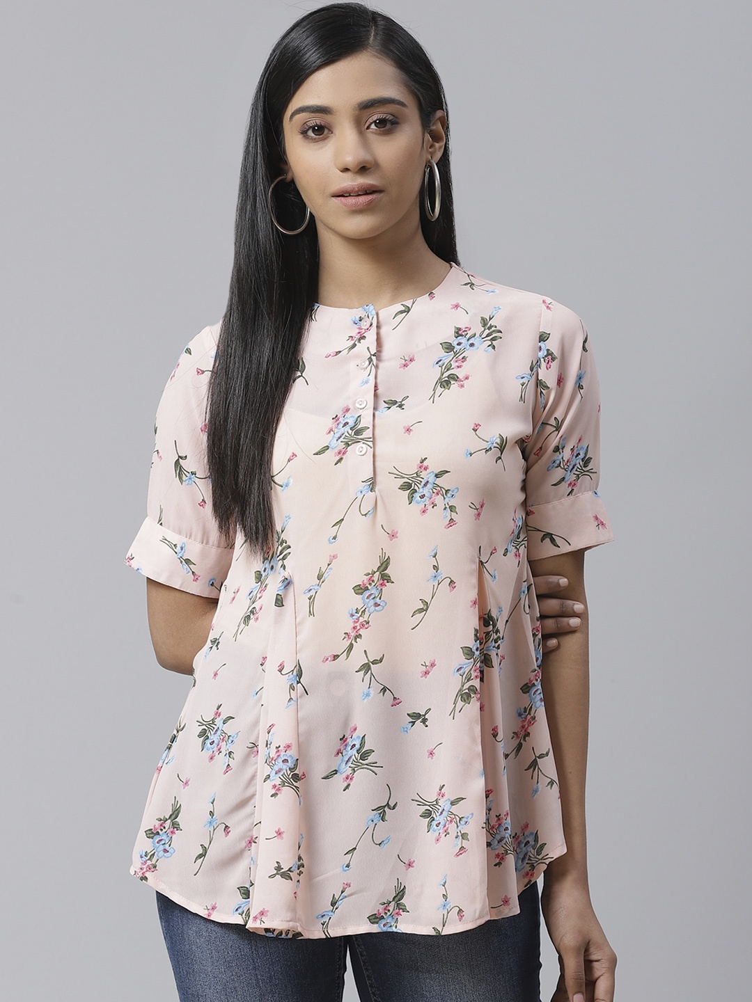 

Ives Women Pink & Blue Floral Print A-Line Top