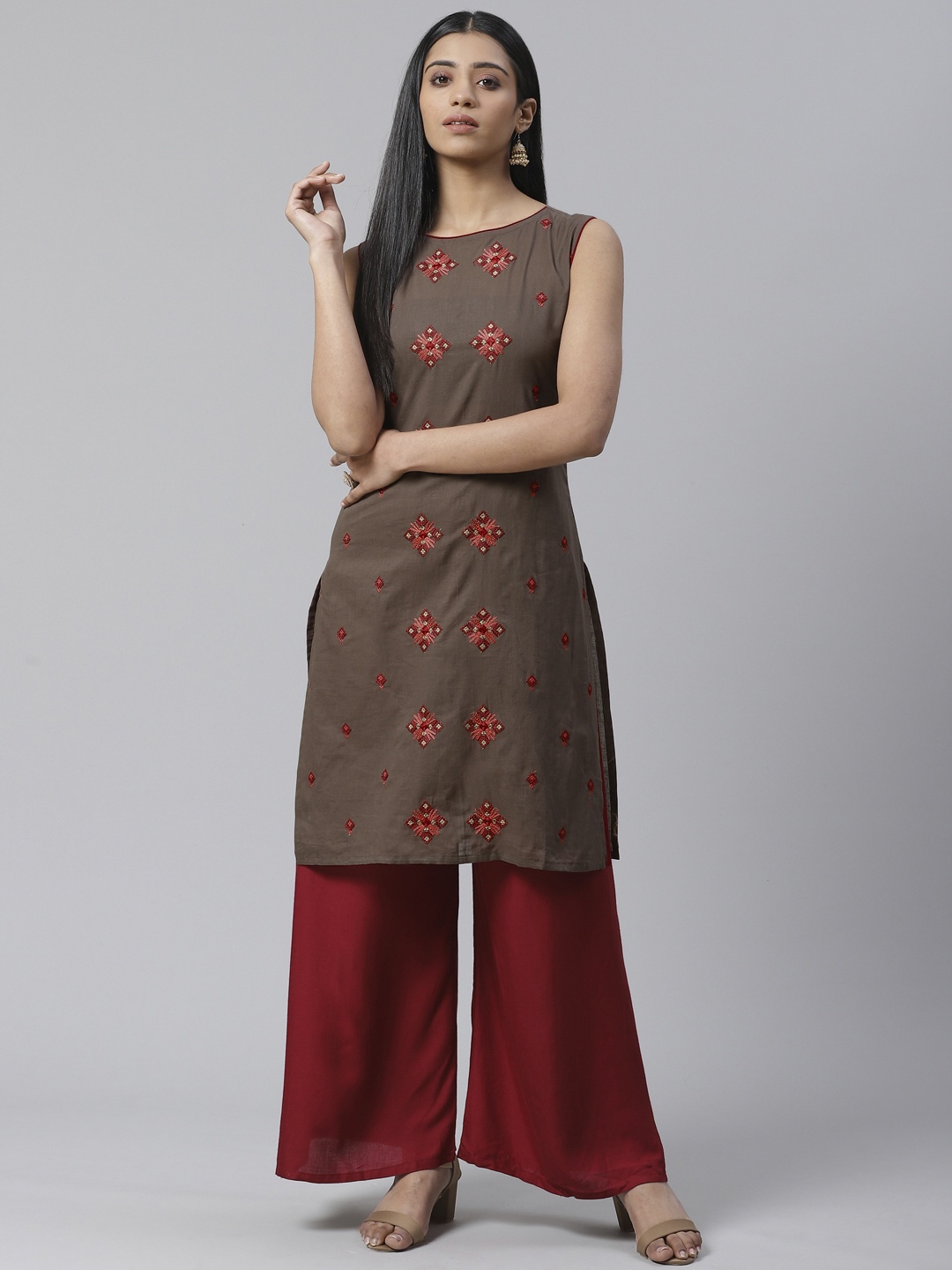 

Ives Women Taupe & Red Ethnic Motifs Yoke Embroidery Cotton Straight Kurta