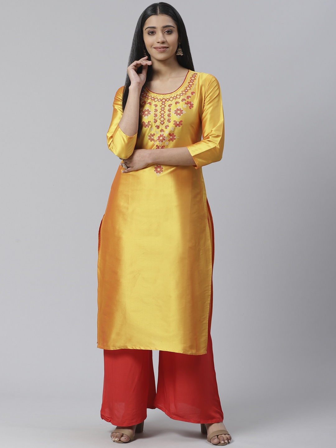 

Ives Women Mustard Yellow & Red Ethnic Motifs Yoke Embroidery Straight Kurta