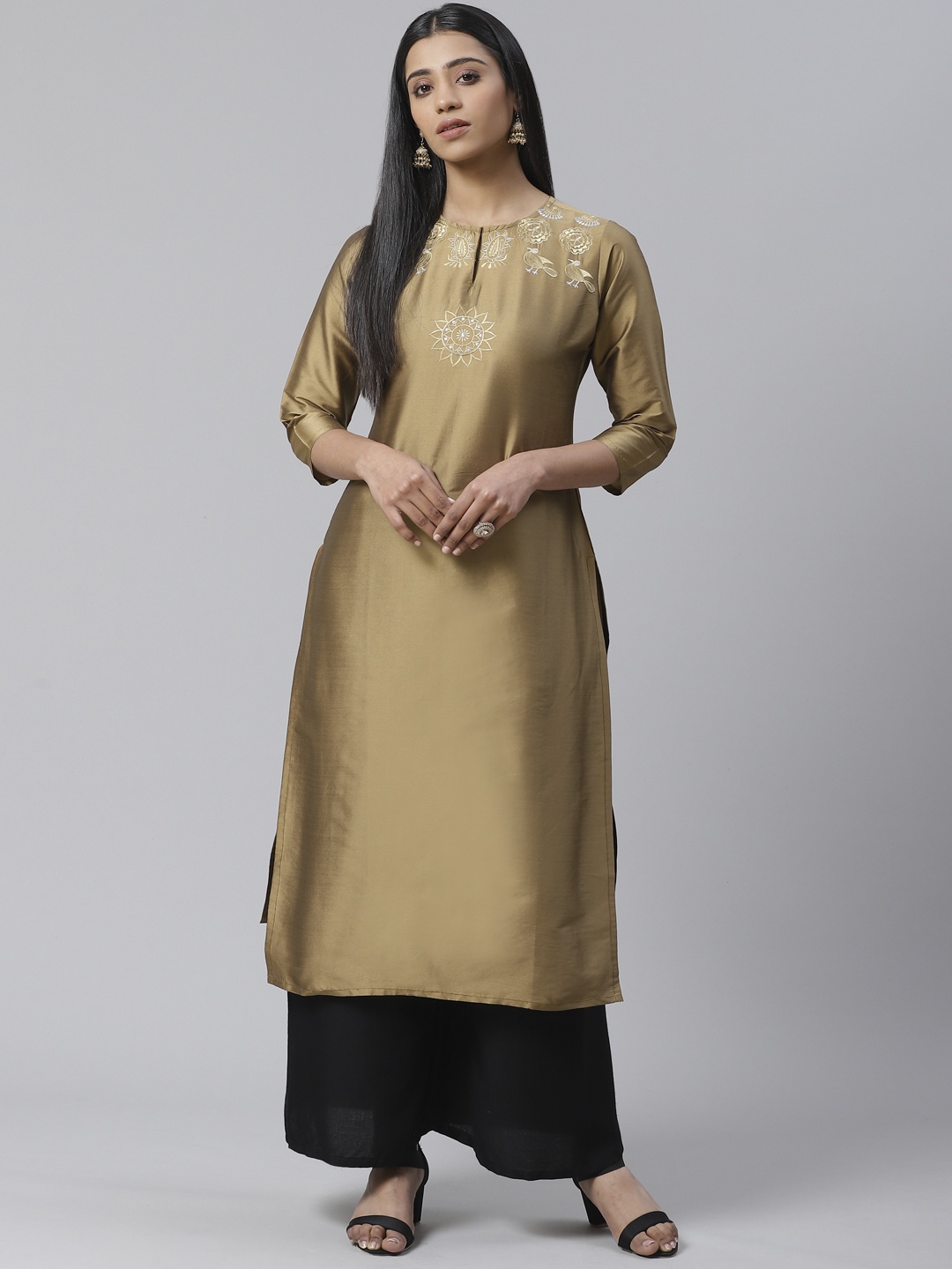 

Ives Women Golden Ethnic Motifs Yoke Embroidery Straight Kurta, Gold