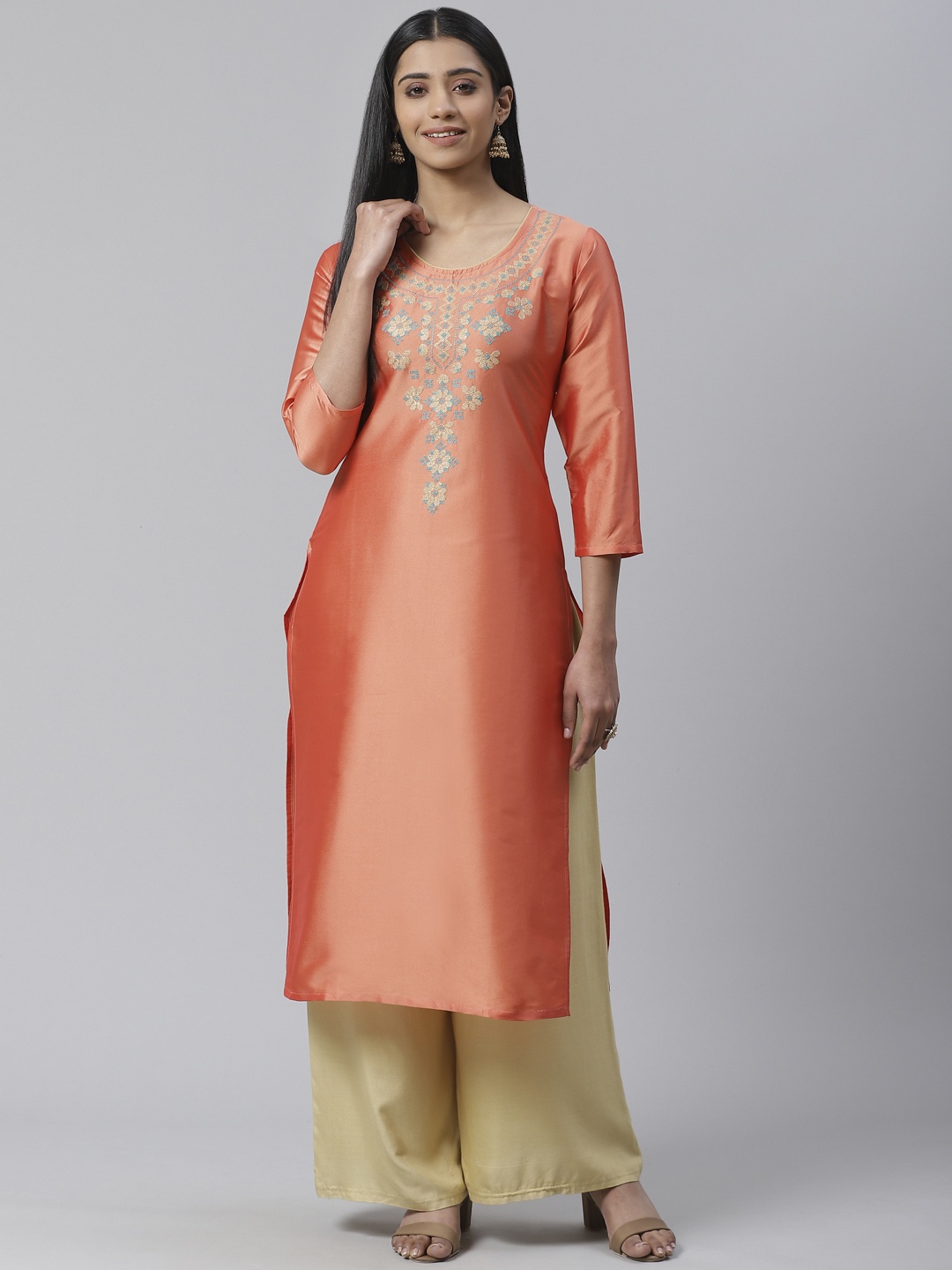 

Ives Women Coral Orange Ethnic Motifs Yoke Embroidery Straight Kurta