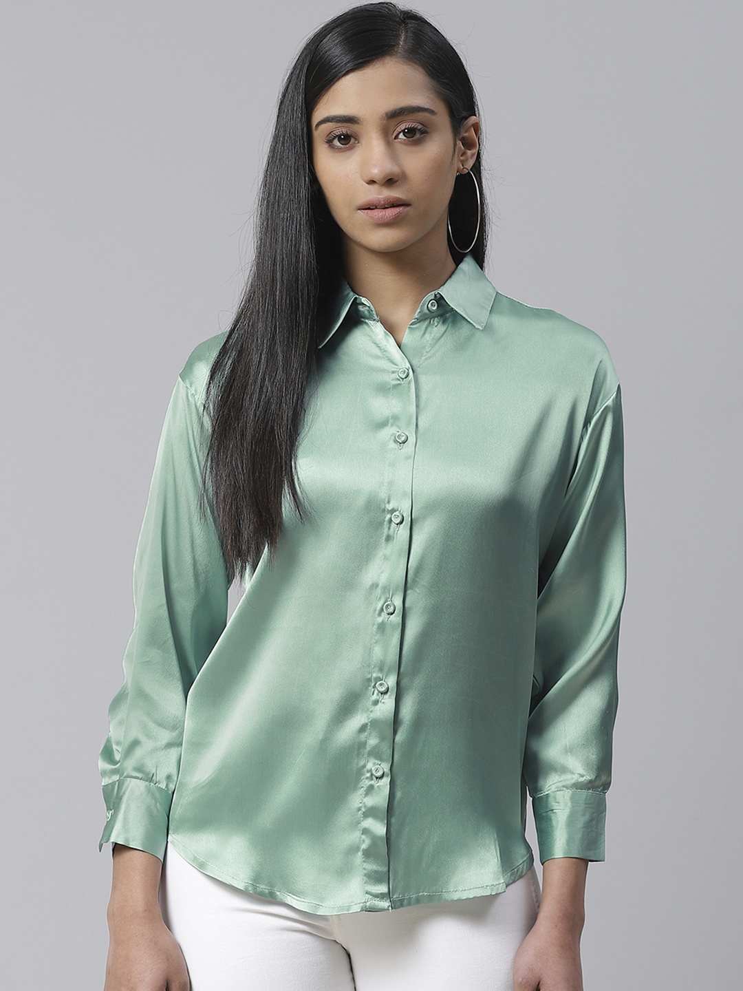 

Ives Women Sea Green Regular Fit Solid Satin Finish Casual Shirt