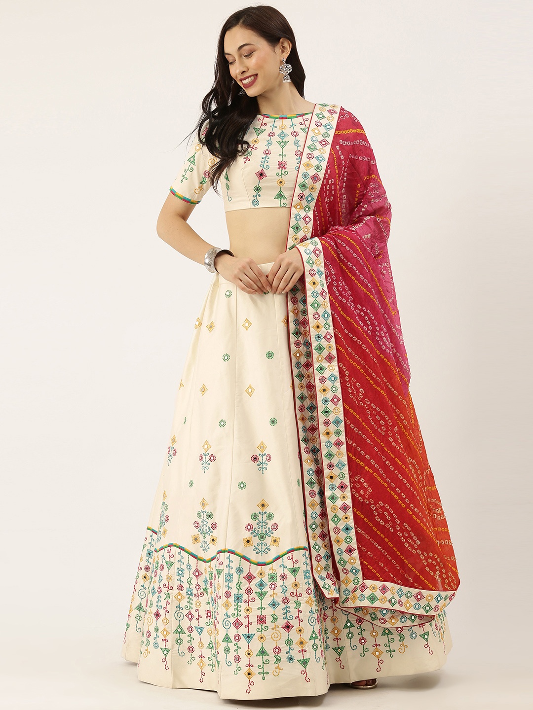 

panchhi White Embroidered Semi-Stitched Lehenga & Unstitched Blouse with Dupatta