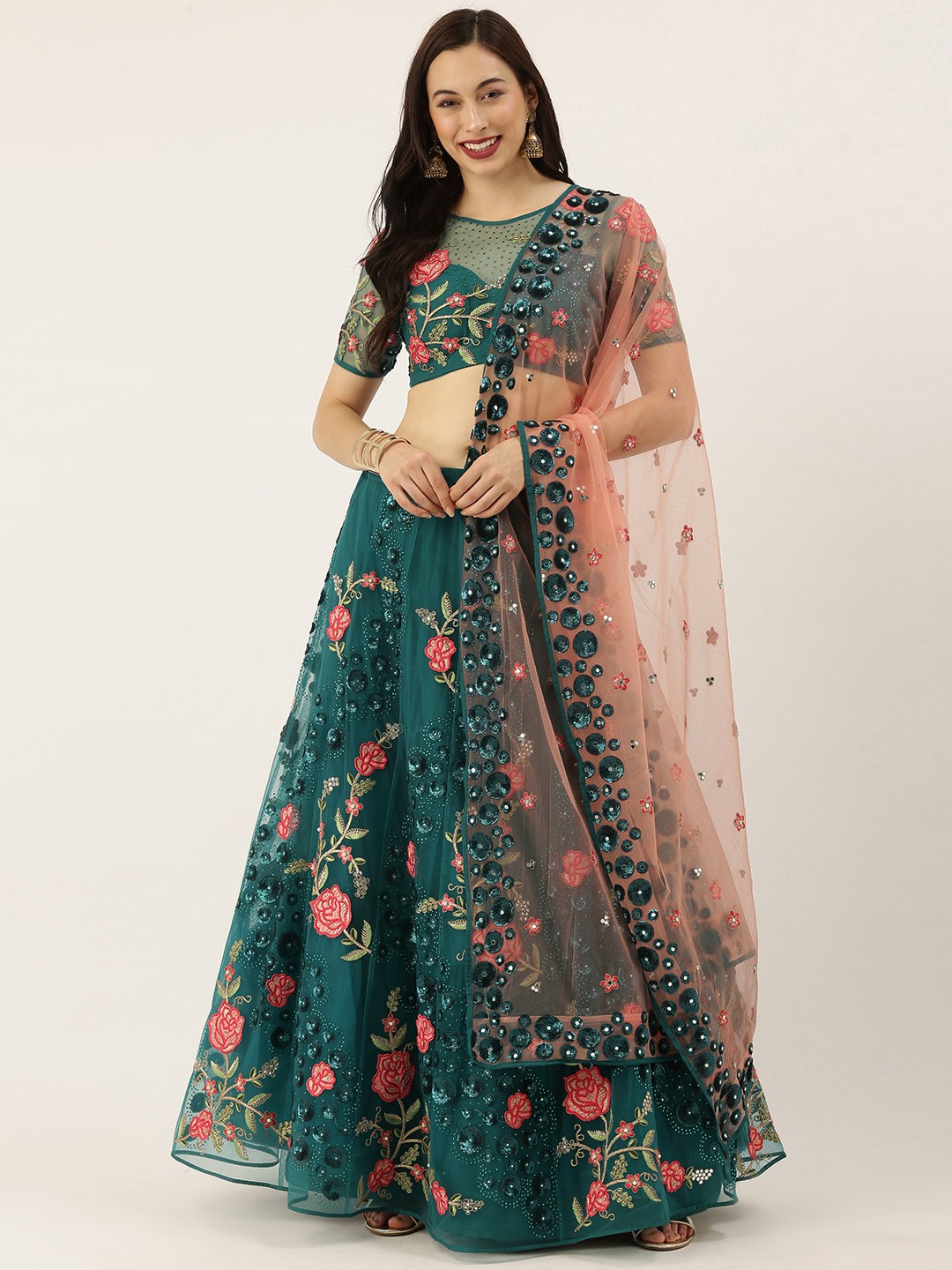 

panchhi Teal & Pink Embroidered Semi-Stitched Lehenga & Unstitched Blouse with Dupatta