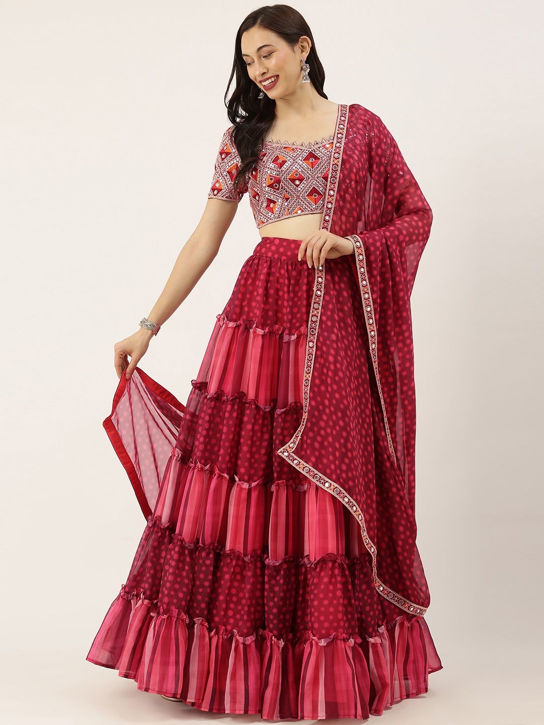 

panchhi Red Printed Ruffle Semi-Stitched Lehenga & Blouse with Dupatta