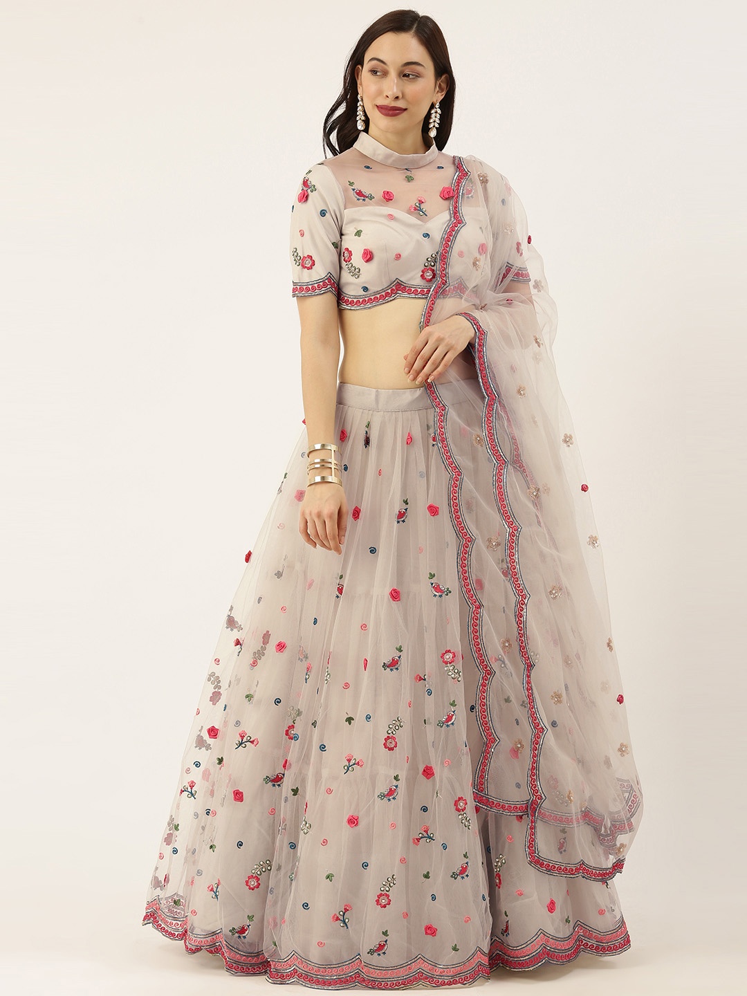 

panchhi Grey & Pink Embroidered Semi-Stitched Lehenga & Unstitched Blouse with Dupatta