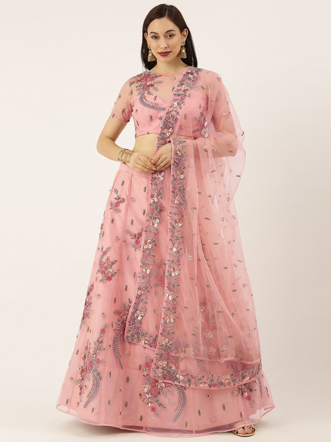 

panchhi Pink & Blue Embroidered Semi-Stitched Lehenga & Unstitched Blouse with Dupatta