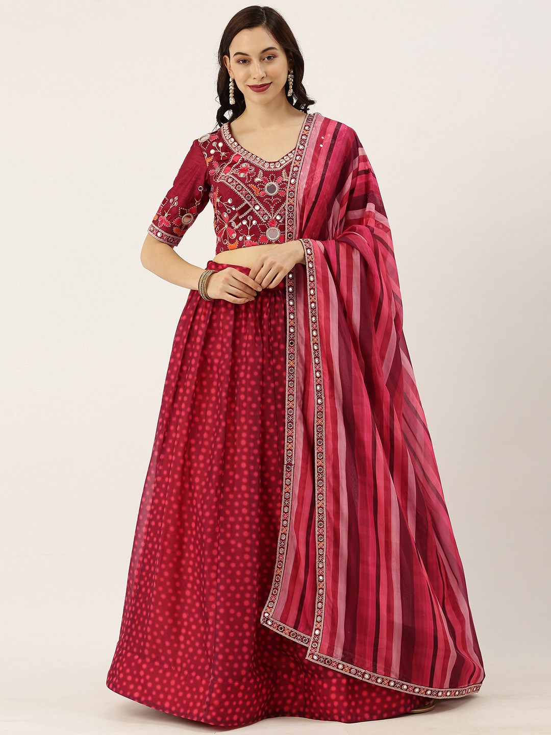 

panchhi Maroon & Pink Embroidered Semi-Stitched Lehenga & Unstitched Blouse with Dupatta