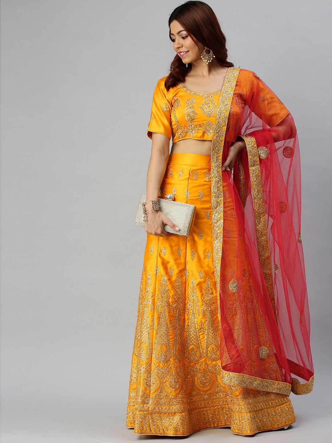 

Mitera Mustard & Gold-Toned Embroidered Semi-Stitched Lehenga & Unstitched Blouse with Dupatta