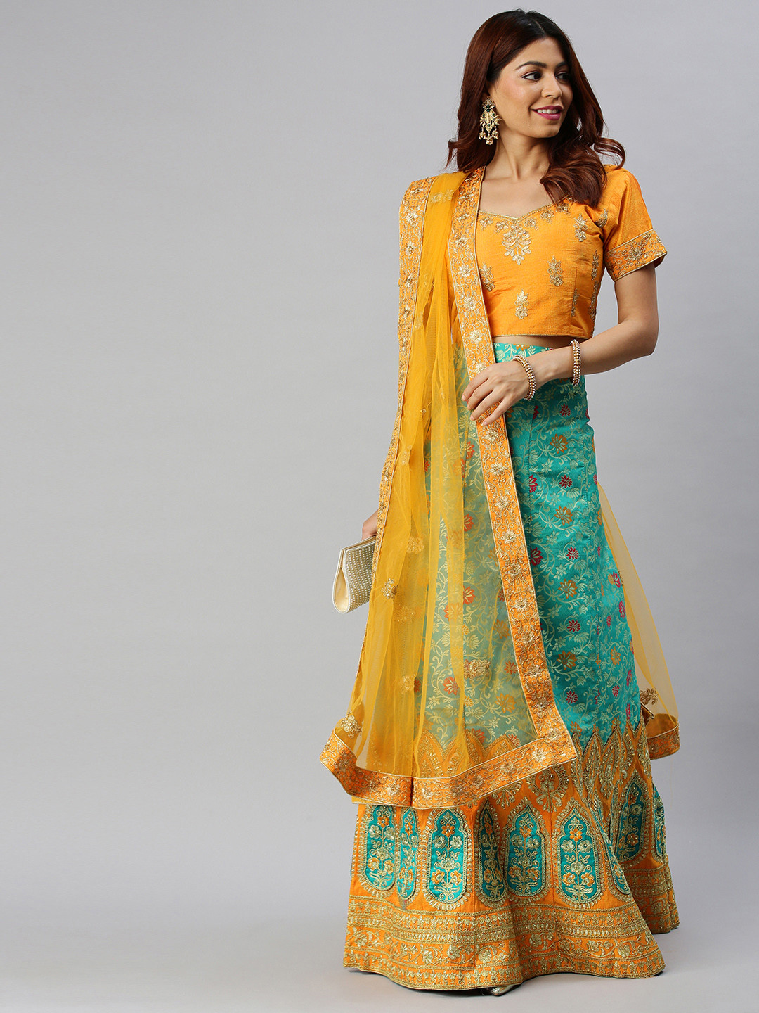 

Mitera Mustard Yellow & Red Embroidered Semi-Stitched Lehenga Set