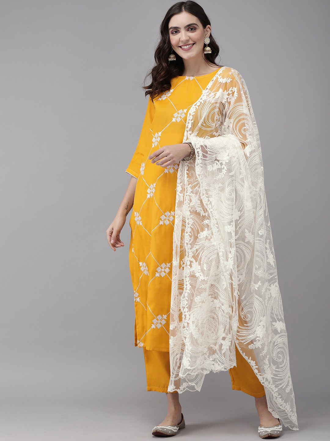 

Indo Era Women Yellow & White Embroidered Kurta with Trousers & Dupatta