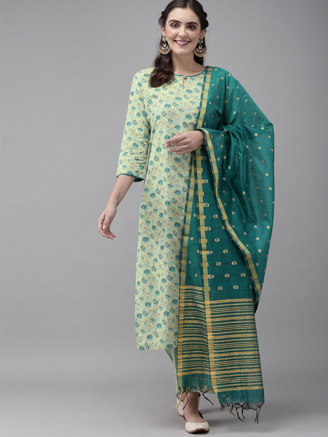 

Indo Era Women Sea Green & Blue Printed Kurta with Palazzos & Dupatta