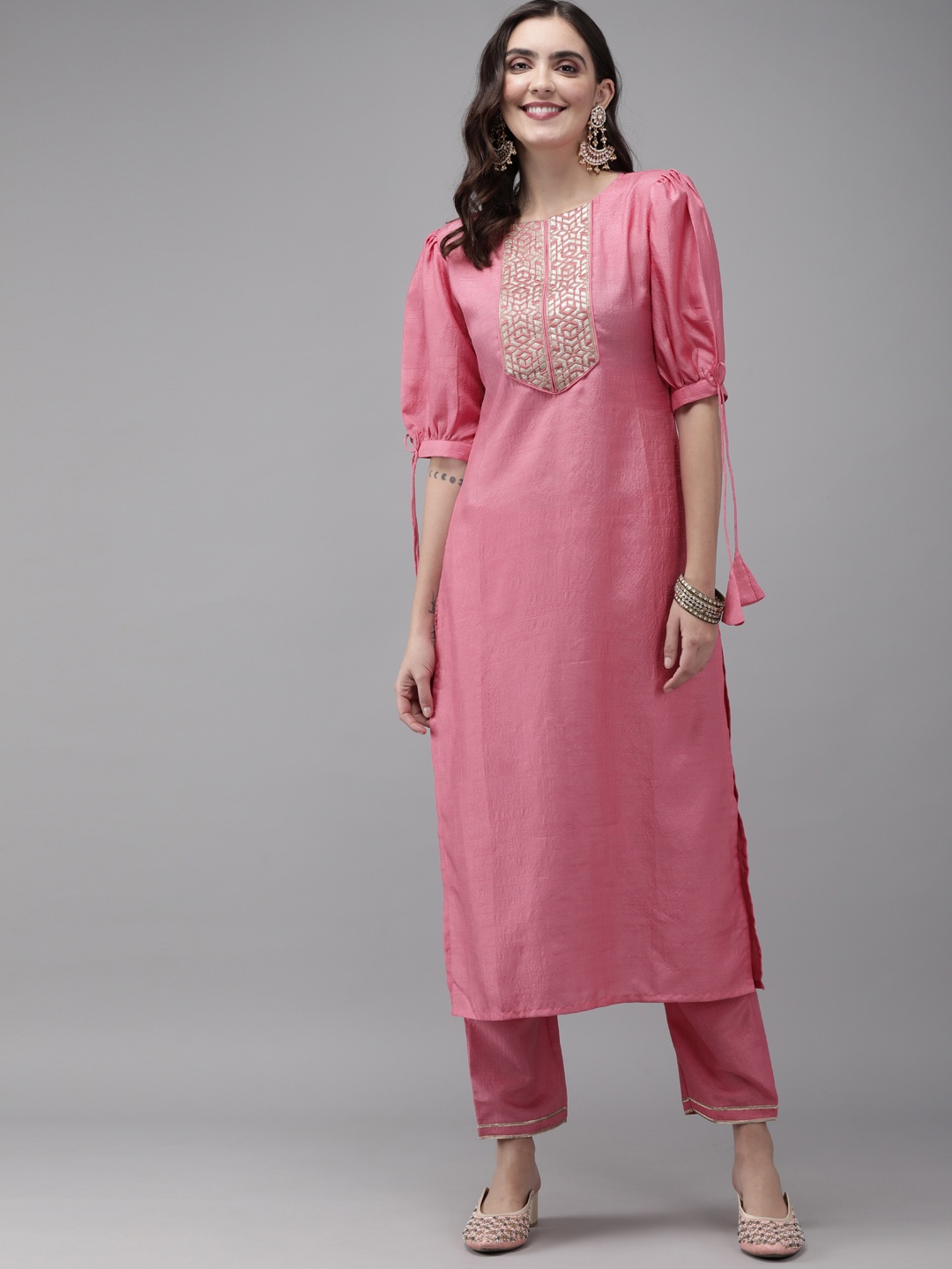 

Indo Era Women Pink & Gold-Toned Yoke Design Kurta with Trousers
