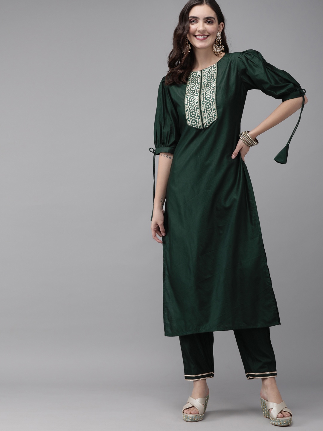 

Indo Era Women Green & Gold-Toned Yoke Design Kurta with Trousers