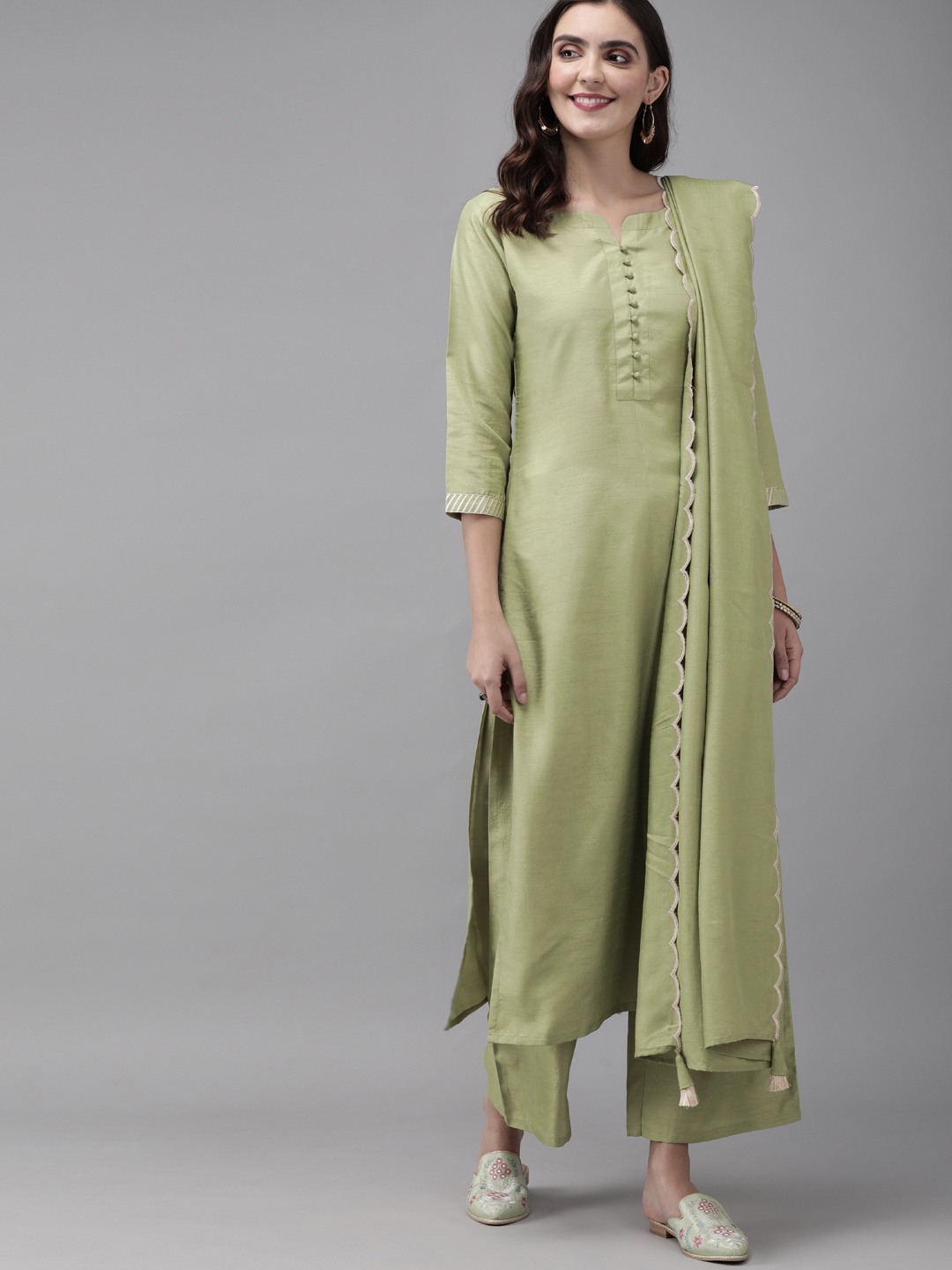 

Indo Era Women Olive Green Solid Kurta with Palazzos & Dupatta