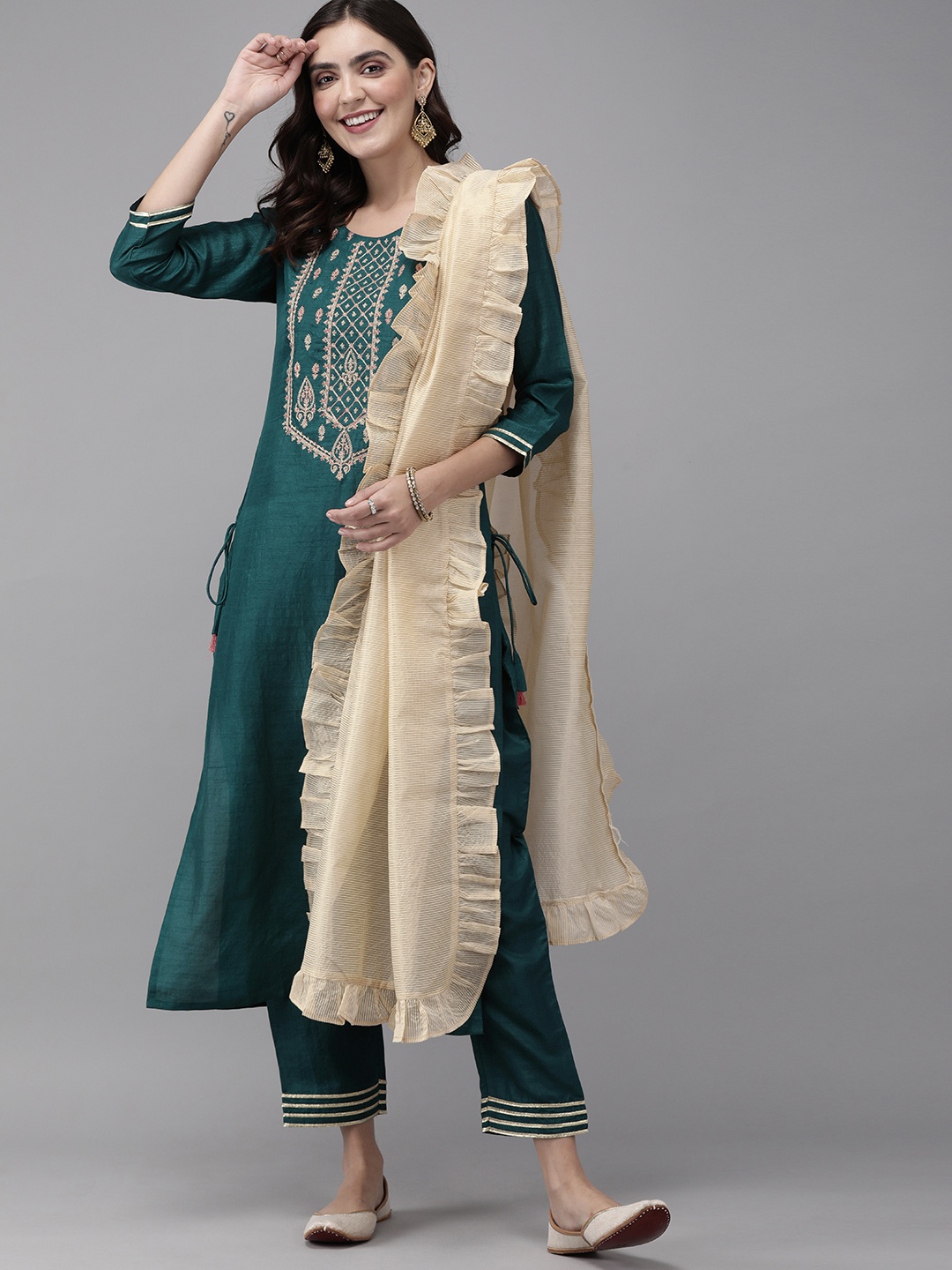 

Indo Era Women Teal Embroidered Kurta with Trousers & Dupatta