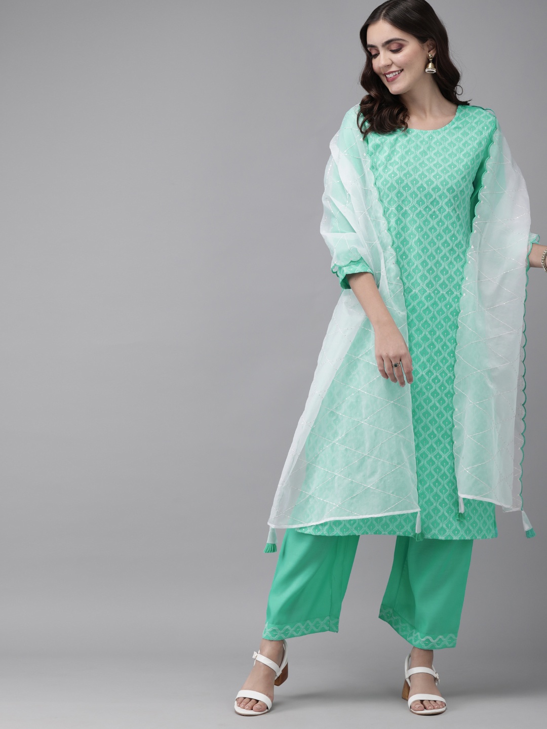 

Indo Era Women Sea Green & White Embroidered Kurta with Palazzos & Dupatta