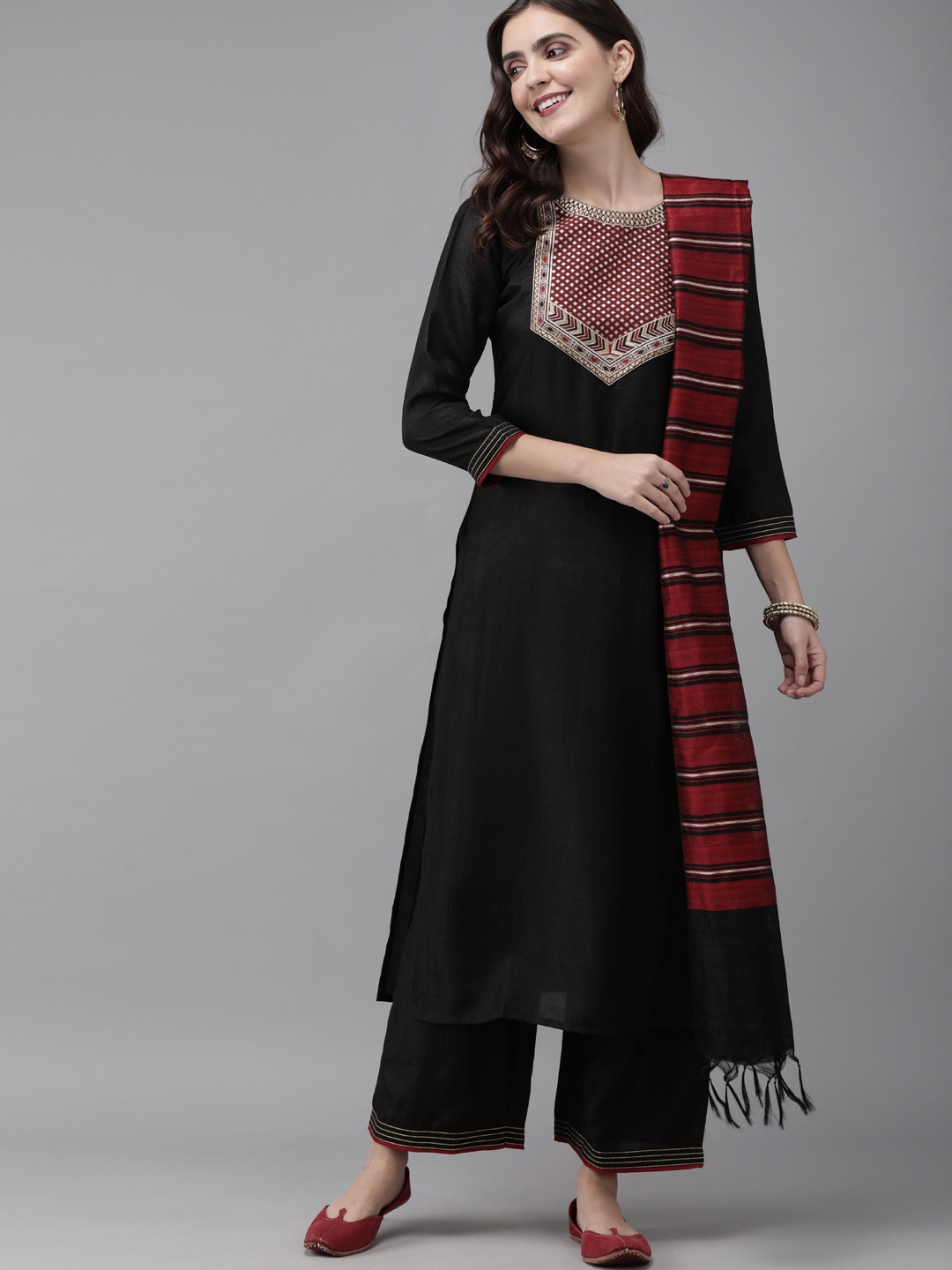 

Indo Era Women Black & Maroon Yoke Design Kurta with Palazzos & Dupatta