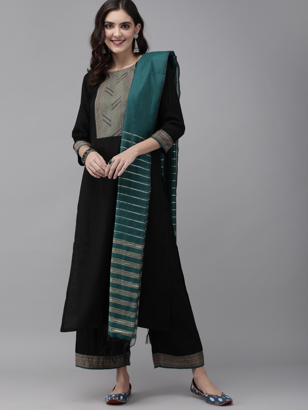 

Indo Era Women Black Yoke Design Kurta with Palazzos & Dupatta