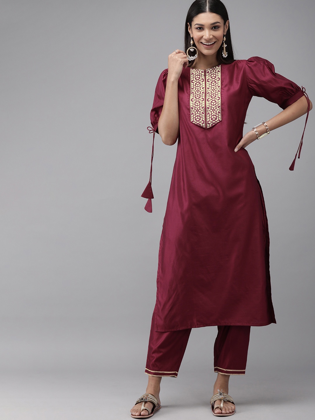 

Indo Era Women Liva Burgundy Yoke Design Kurta with Trousers