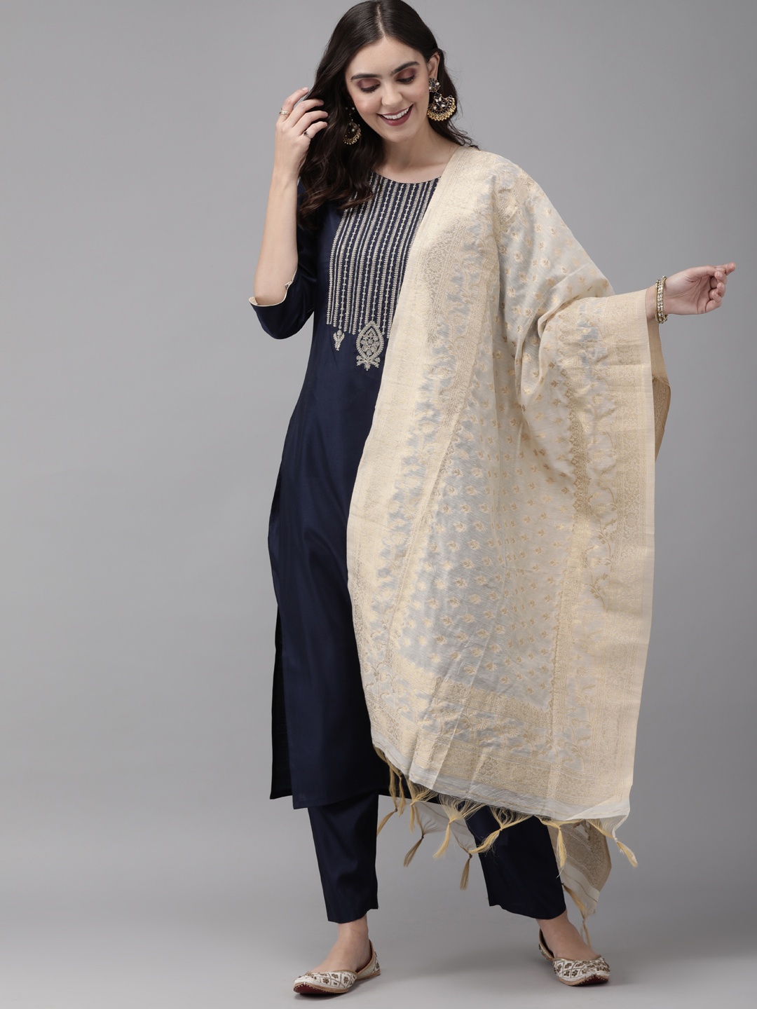 

Indo Era Women Navy Blue & Cream-Coloured Yoke Design Kurta with Trousers & Dupatta