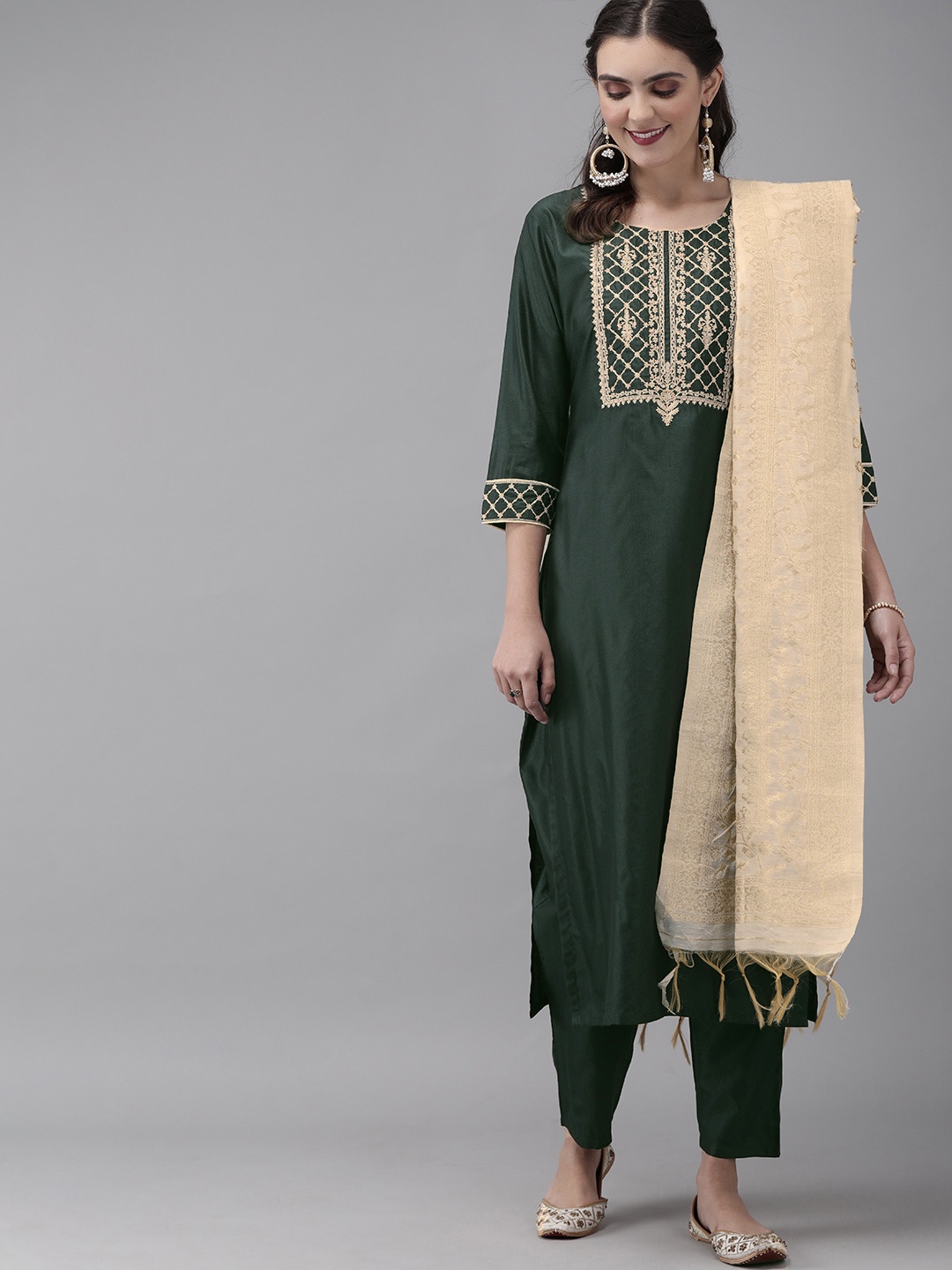 

Indo Era Women Green & Beige Yoke Design Kurta with Trousers & Dupatta