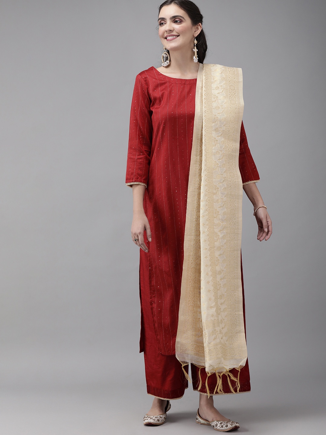 

Indo Era Women Maroon & Beige Striped Sequinned Kurta with Palazzos & Dupatta