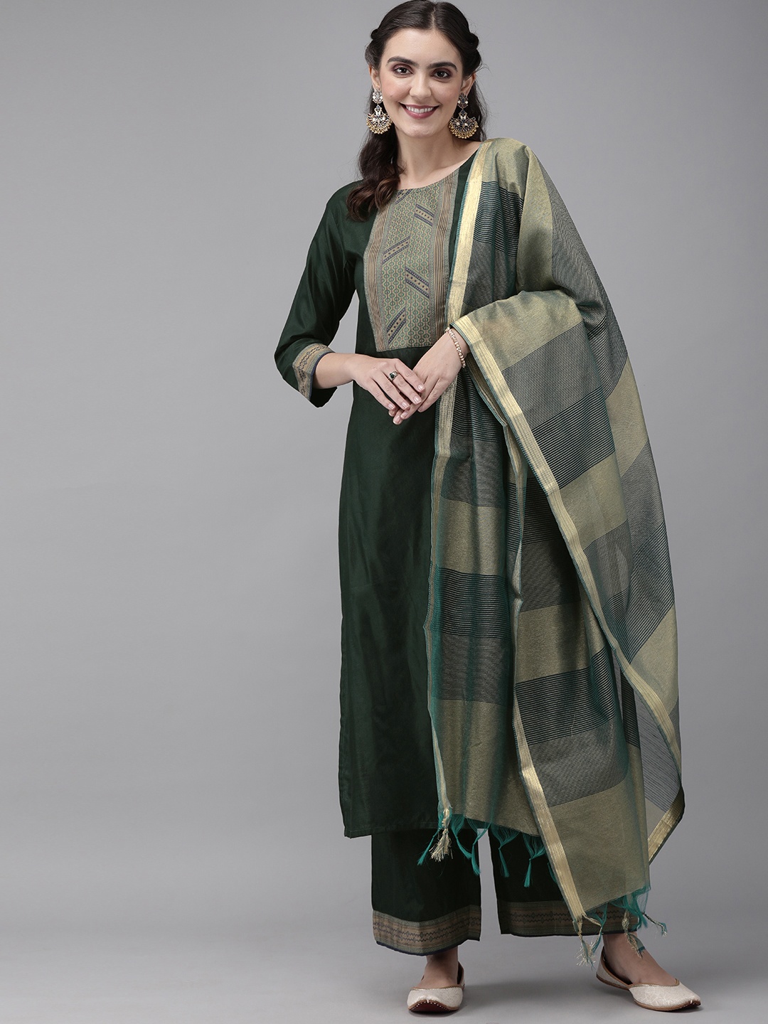 

Indo Era Women Green Yoke Design Kurta with Palazzos & Dupatta