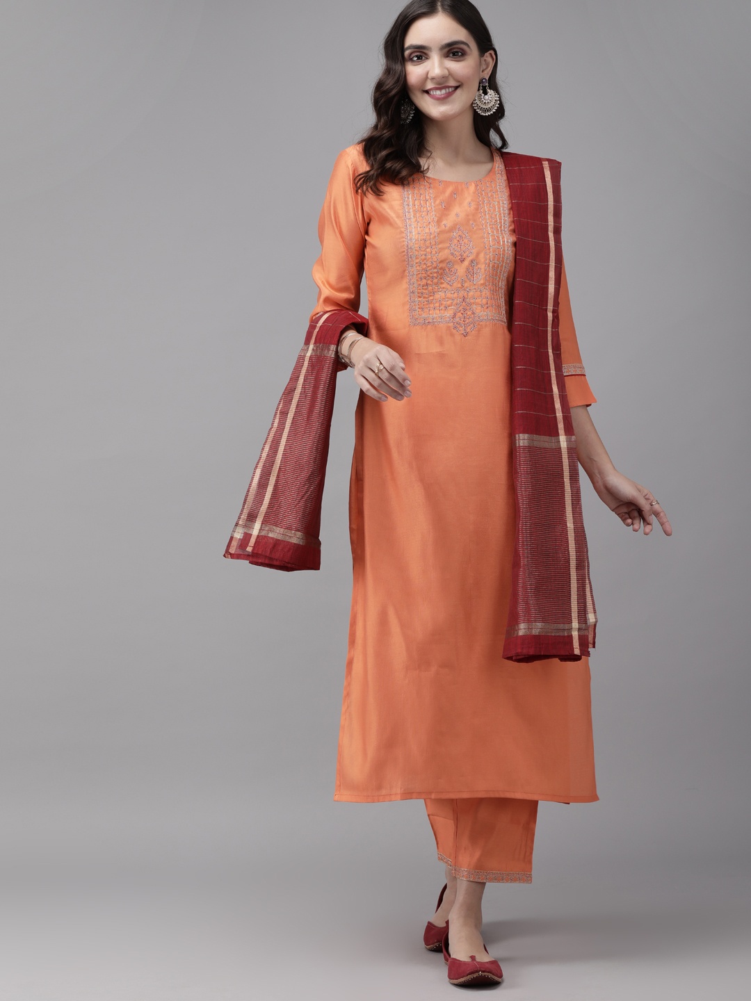 

Indo Era Women Peach-Coloured & Maroon Yoke Design Kurta with Palazzos & Dupatta