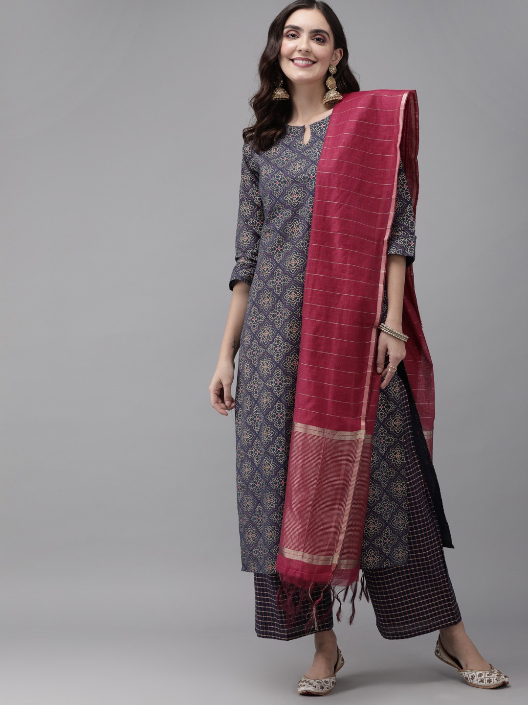 

Indo Era Women Navy Blue & Golden Printed Kurta with Palazzos & Dupatta