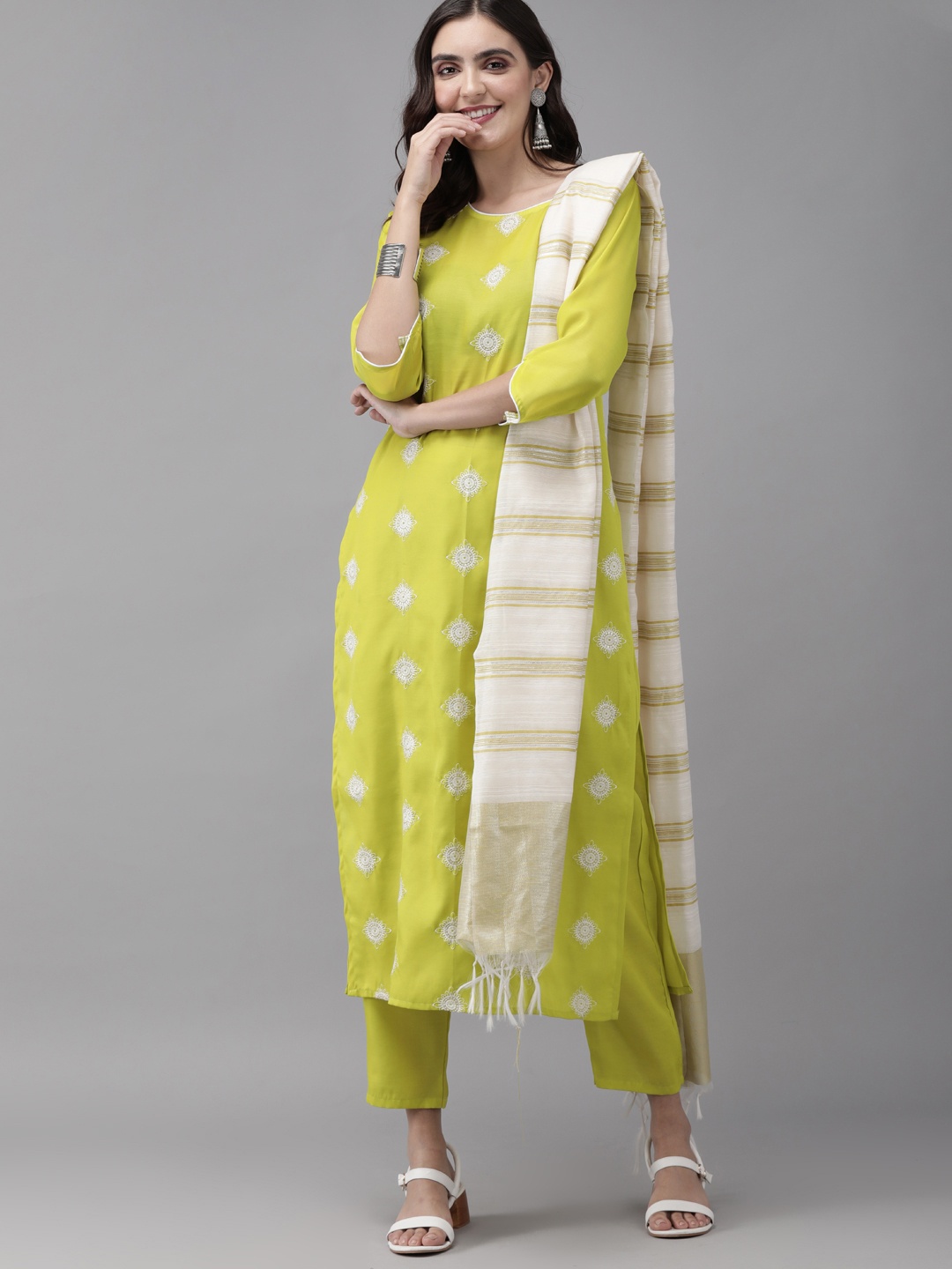 

Indo Era Women Lime Green & Off-White Embroidered Kurta with Trousers & Dupatta