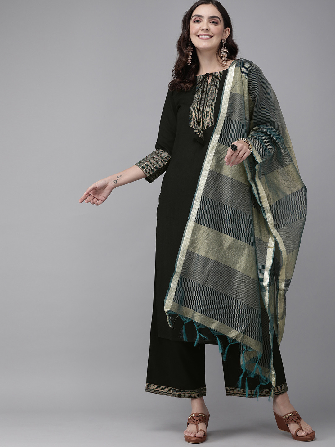 

Indo Era Women Liva Black Yoke Design Kurta with Palazzos & Dupatta
